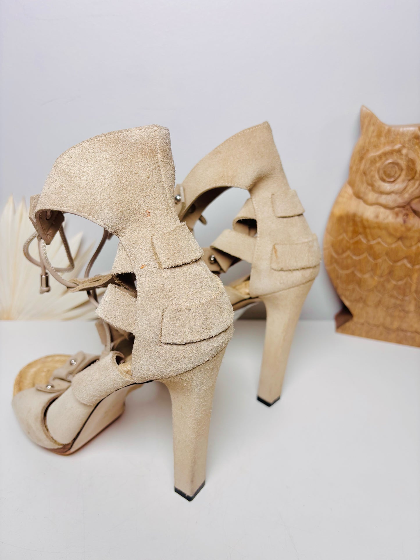 W Shoe Size 40 (9.5, US) Gucci Khaki Leather Suede Jasmine Lace Espadrille Heels