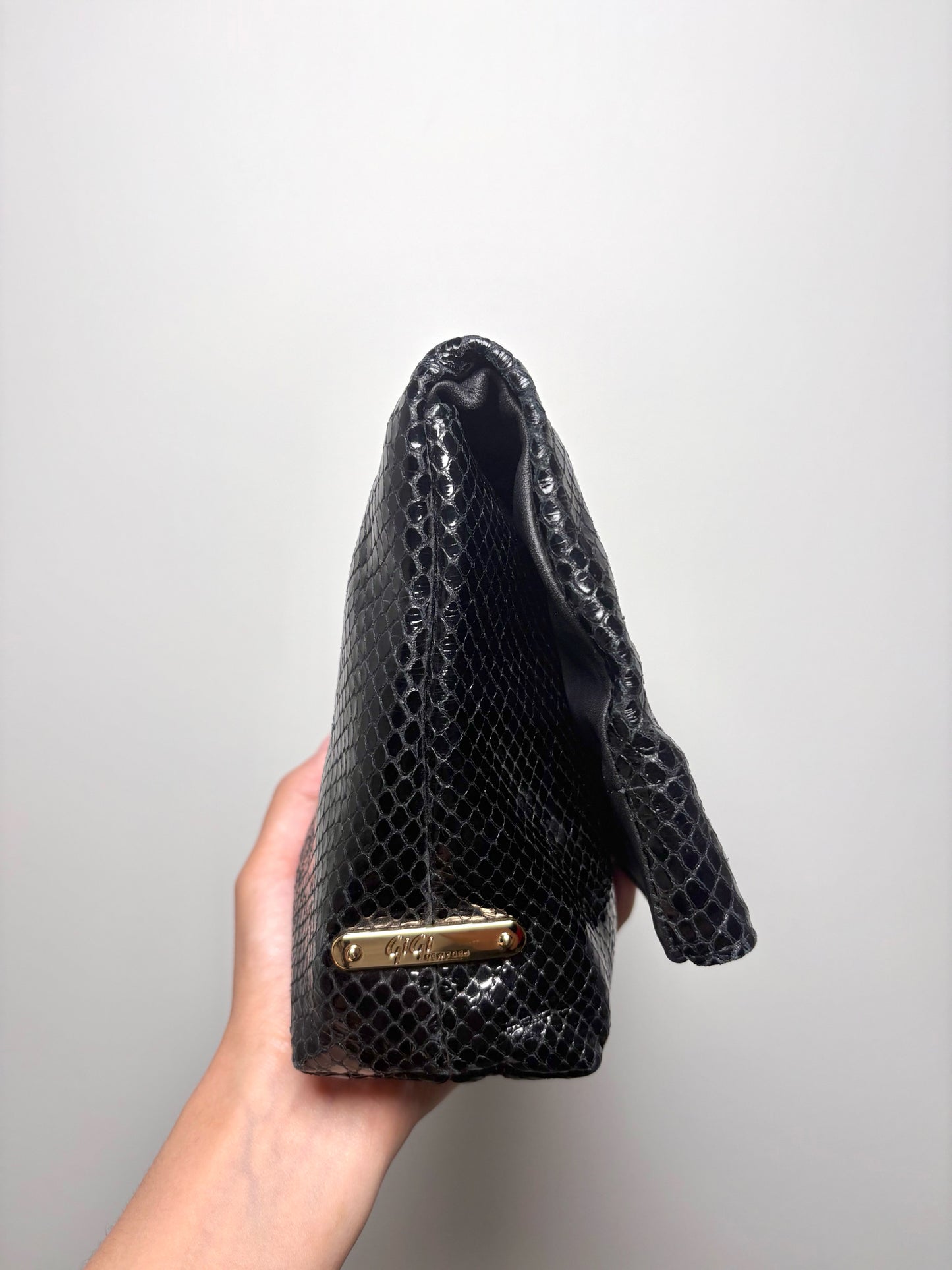 Gigi New York Python Embossed Leather Black Cowhide Clutch Purse