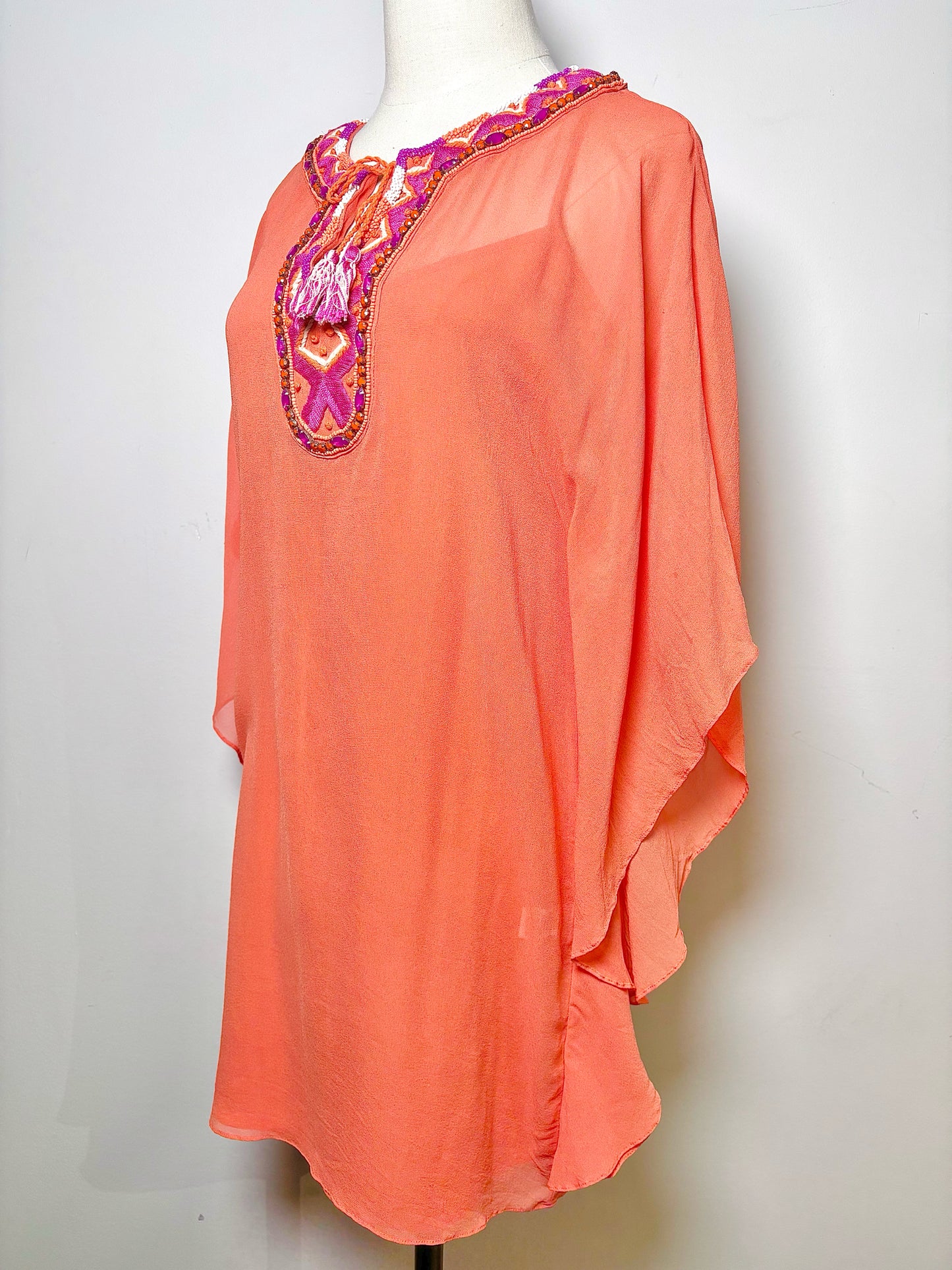 Women Size 2 Trina Turk Salmon Solid Silk Butterfly Sleeves Dress