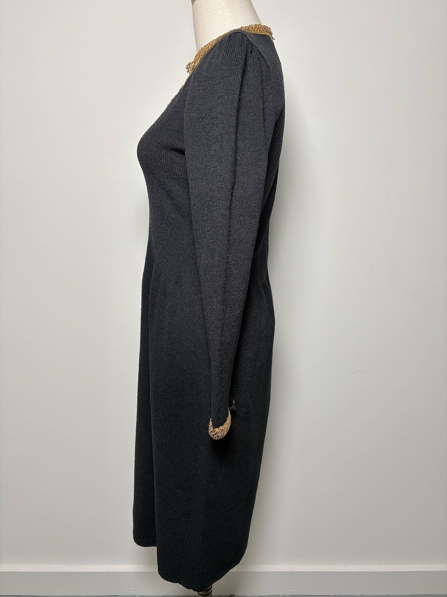 Women Size 4 Saks Fifth Avenue Black Solid Wool Gold Beading Sheath Dress