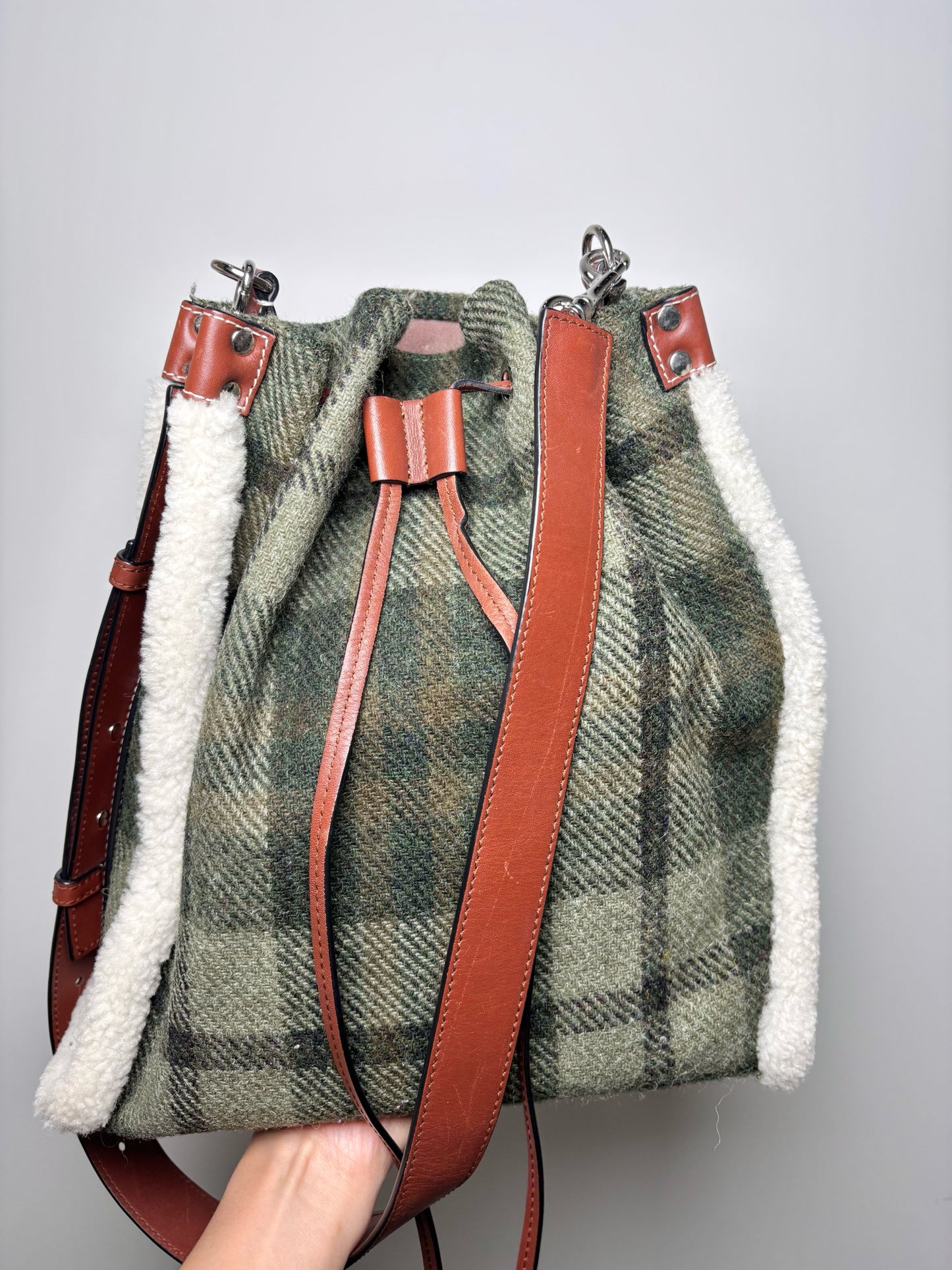 JW Anderson Plaid Wool Green Leather Bucket Purse