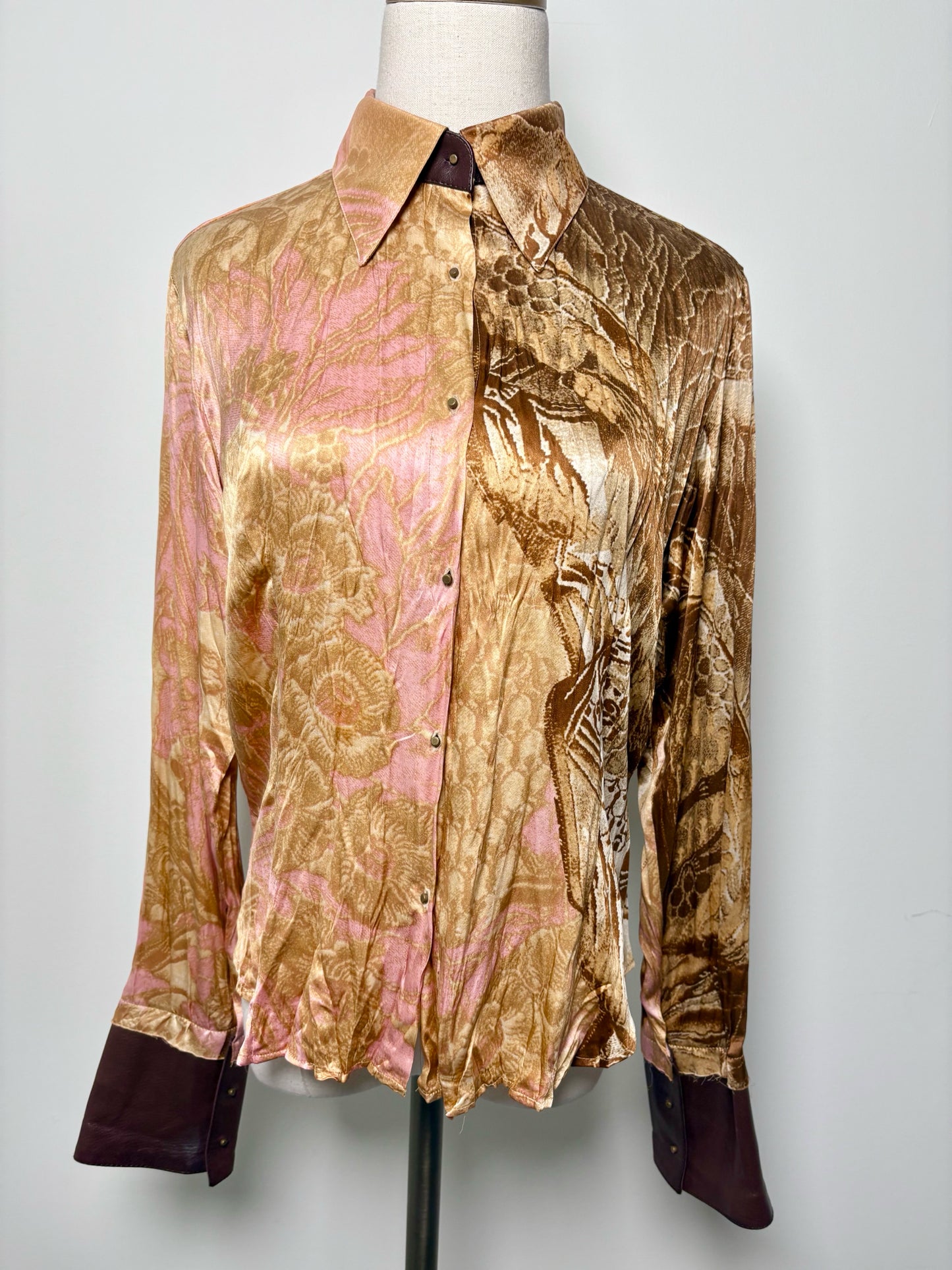 Women Size L Roberto Cavalli Brown, Tan, Pink Floral Print Silk Blouse