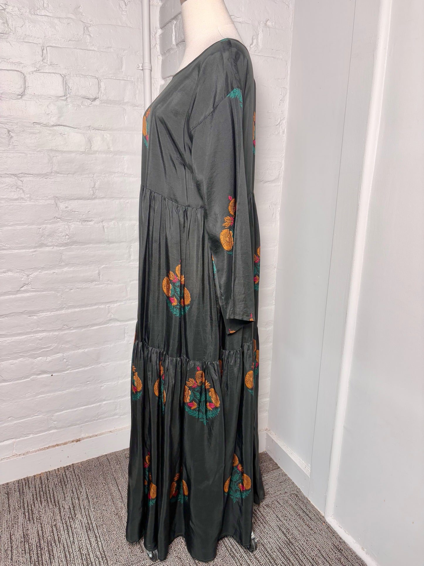 Women Size S Pink Chicken Black Floral Maxi Silk Dress