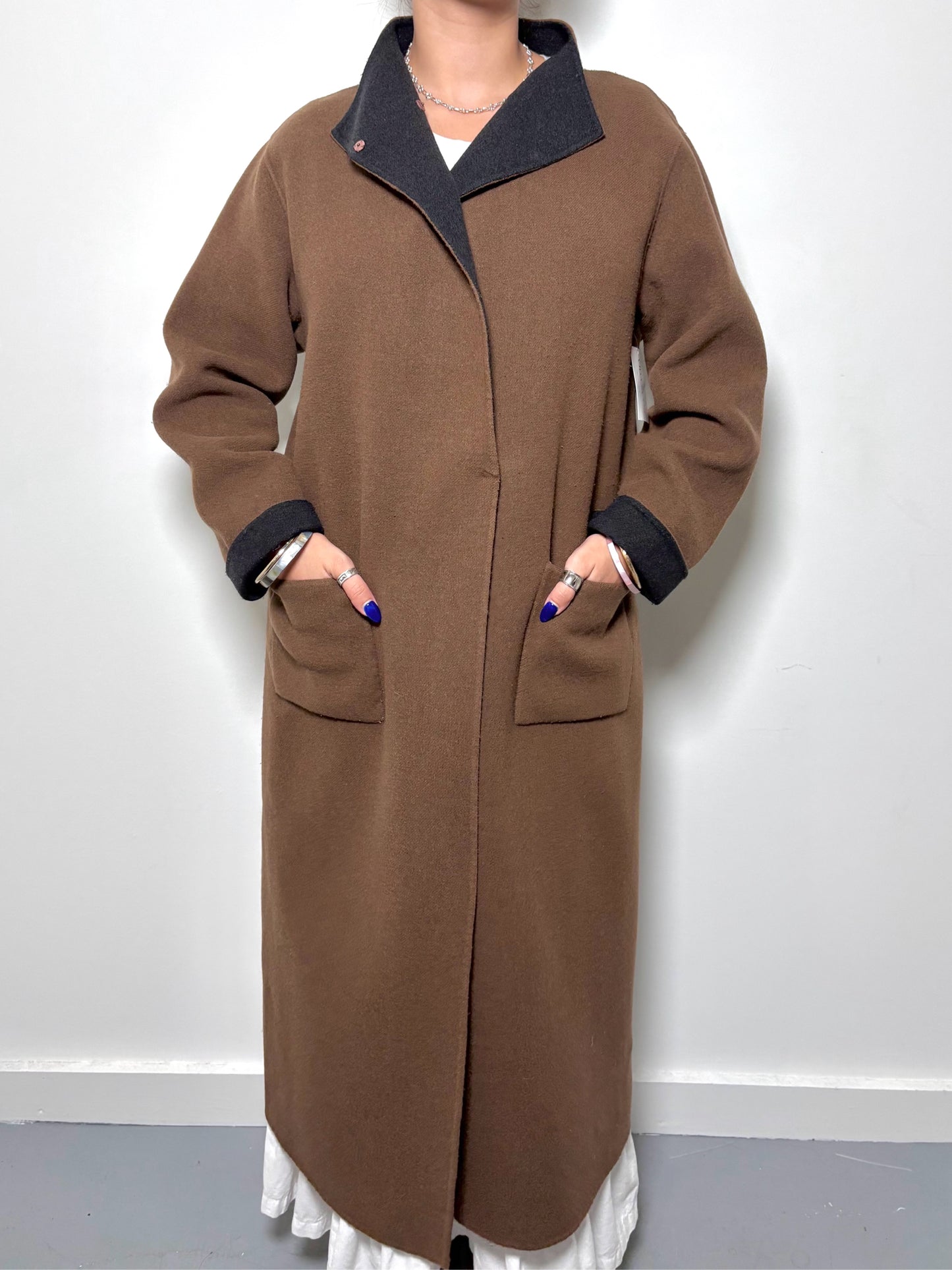 Women Size L Eileen Fisher Brown, Black Solid Coat