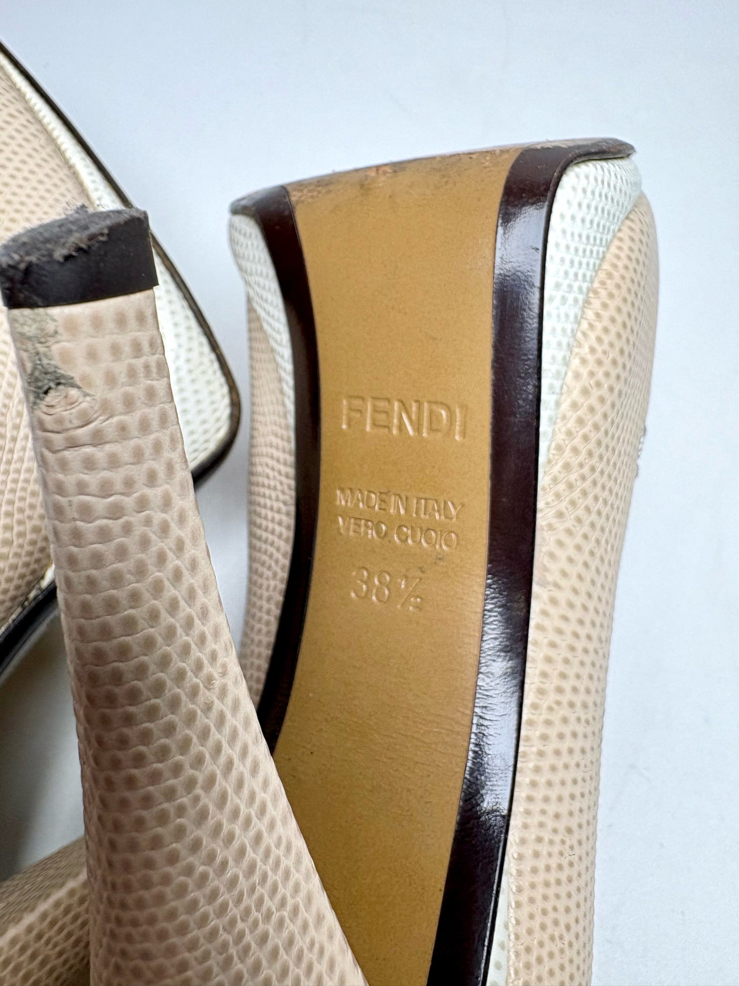 W Shoe Size 38.5 (7.5 US) Fendi Neutrals Lizard Embossed Leather Heels