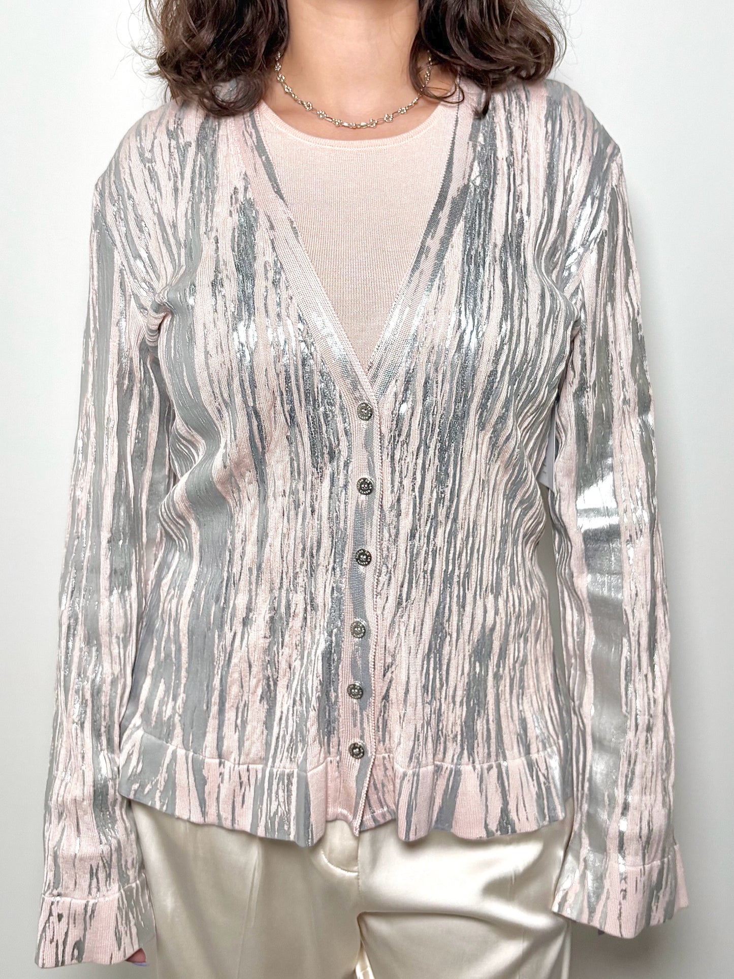 Women Size XL Oscar de la Renta Peach, Metalic Silver Silk Sweater
