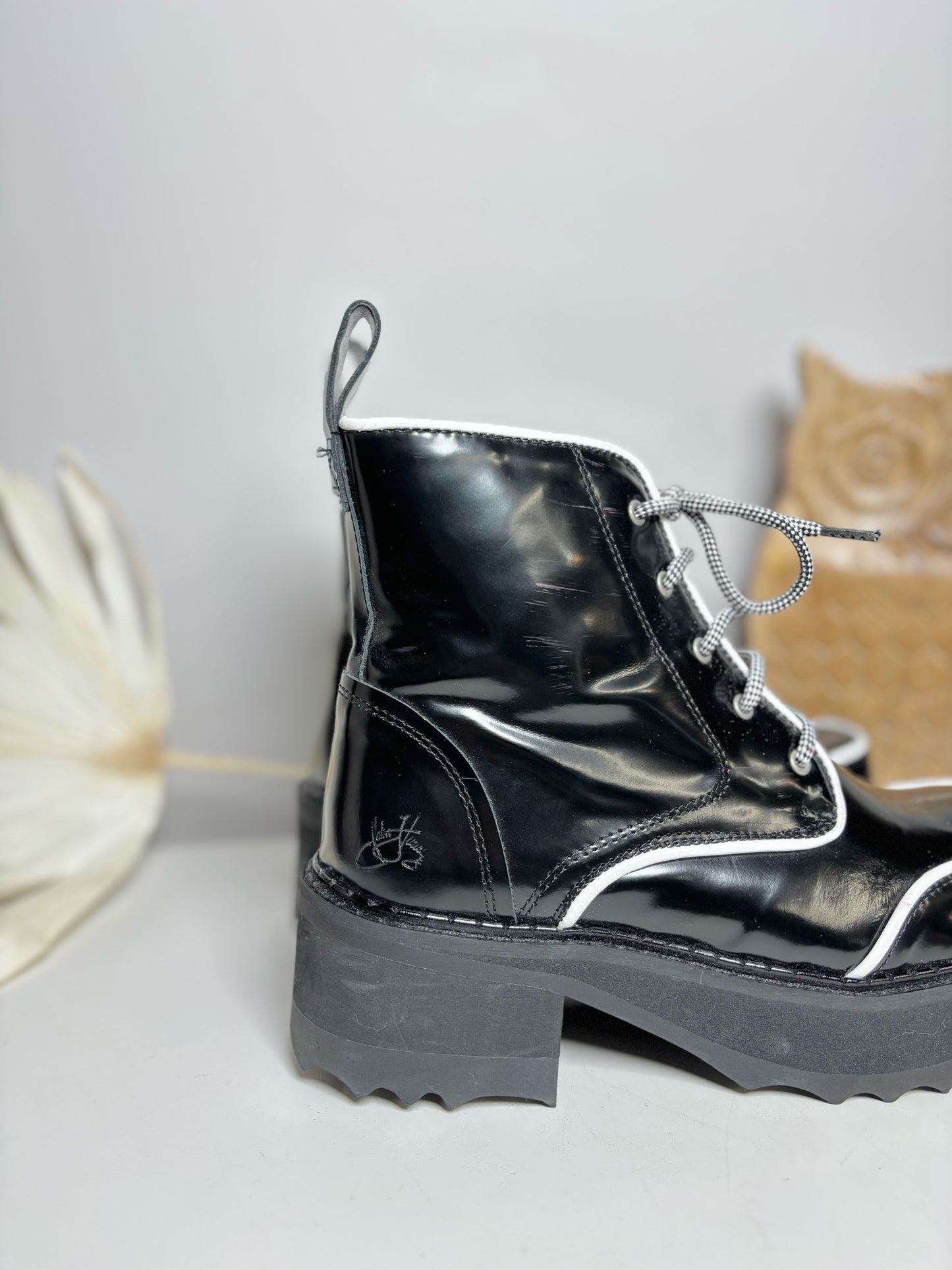 W Shoe Size 7.5 John Fluevog Black Leather Cowhide Revna Boots