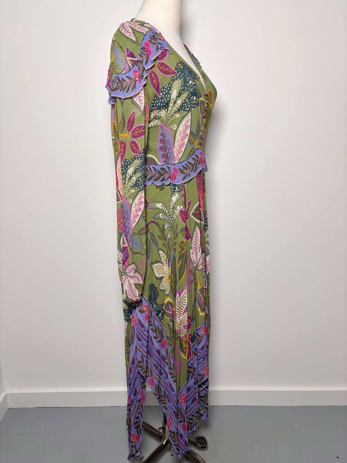 Women Size L Farm Rio Moss Green Print Viscose Dress