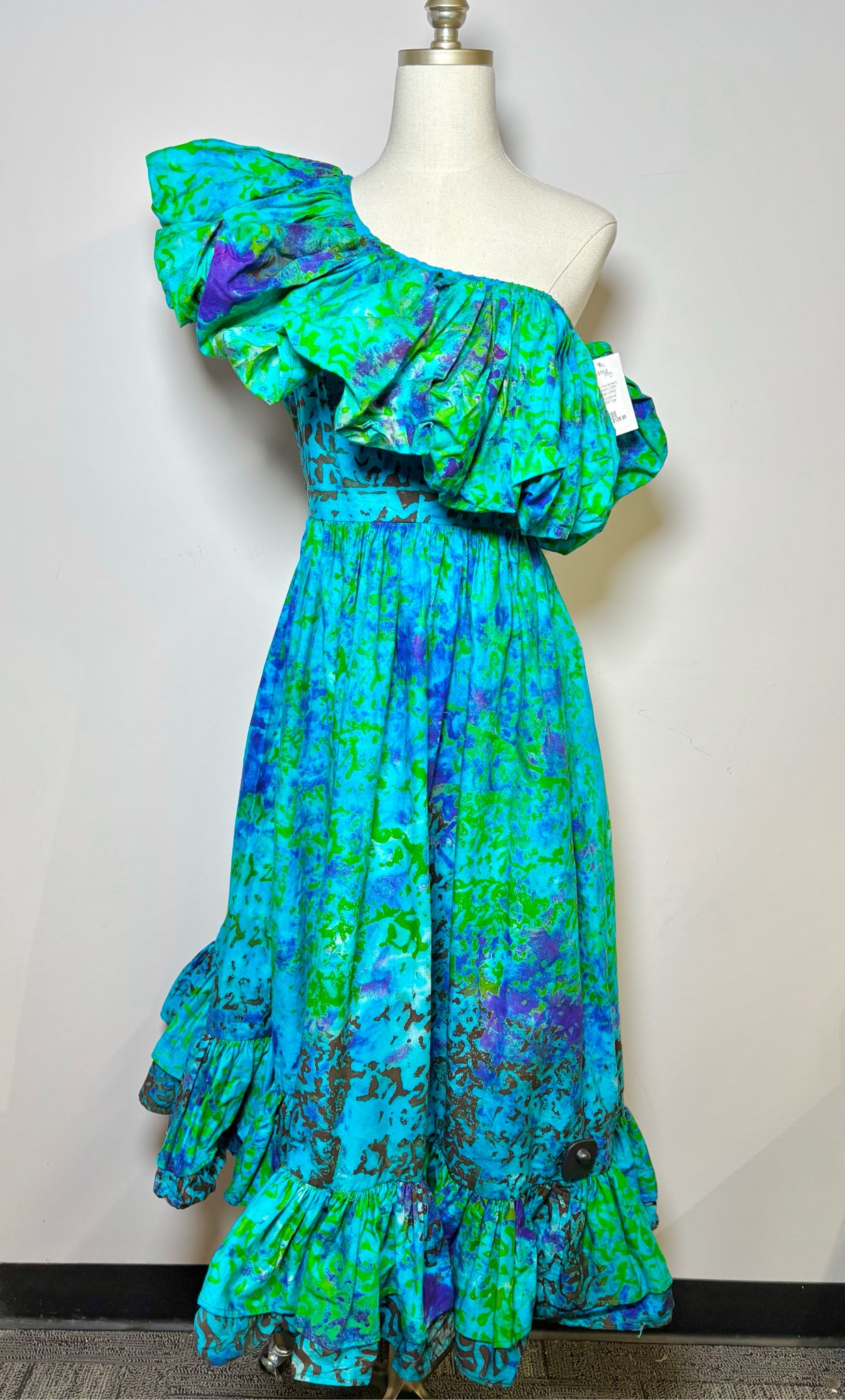 Women Size XL SIKA Blue, Green Print Cotton One Shoulder Dress