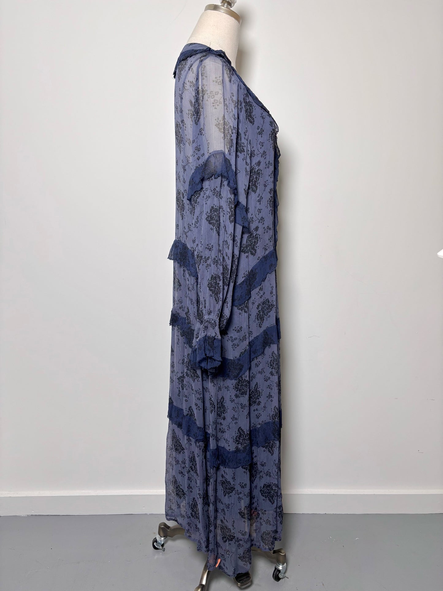 Women Size L Sundance Blue, Black Floral Print Cupro Dress