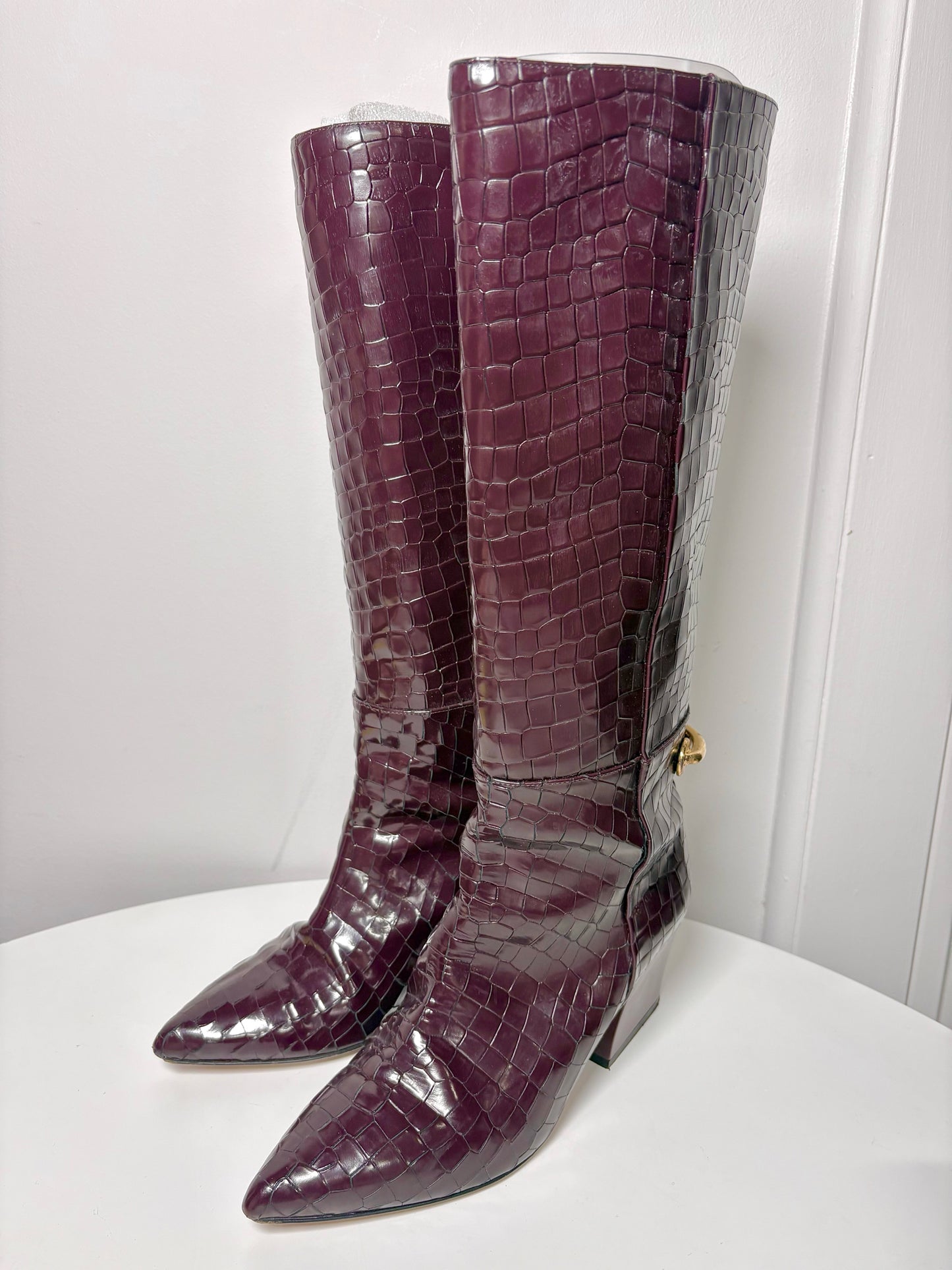 Tall Boots TIBI Croc Embosssed Burgundy Sz 10.5 Gold-tone Hardware