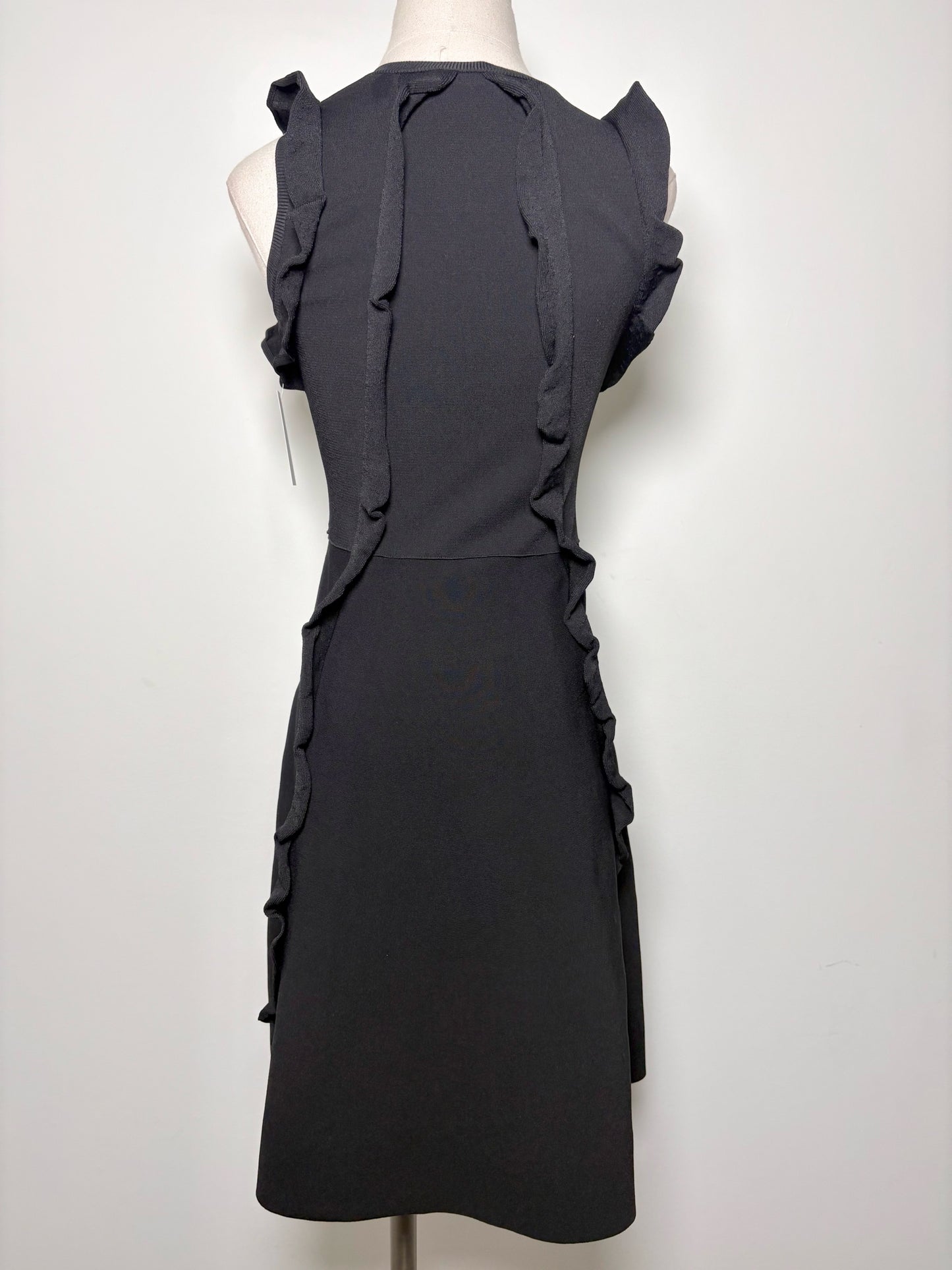 Women Size S Valentino Spa Black, Stretch Knit, Ruffles Sleeves Midi Dress