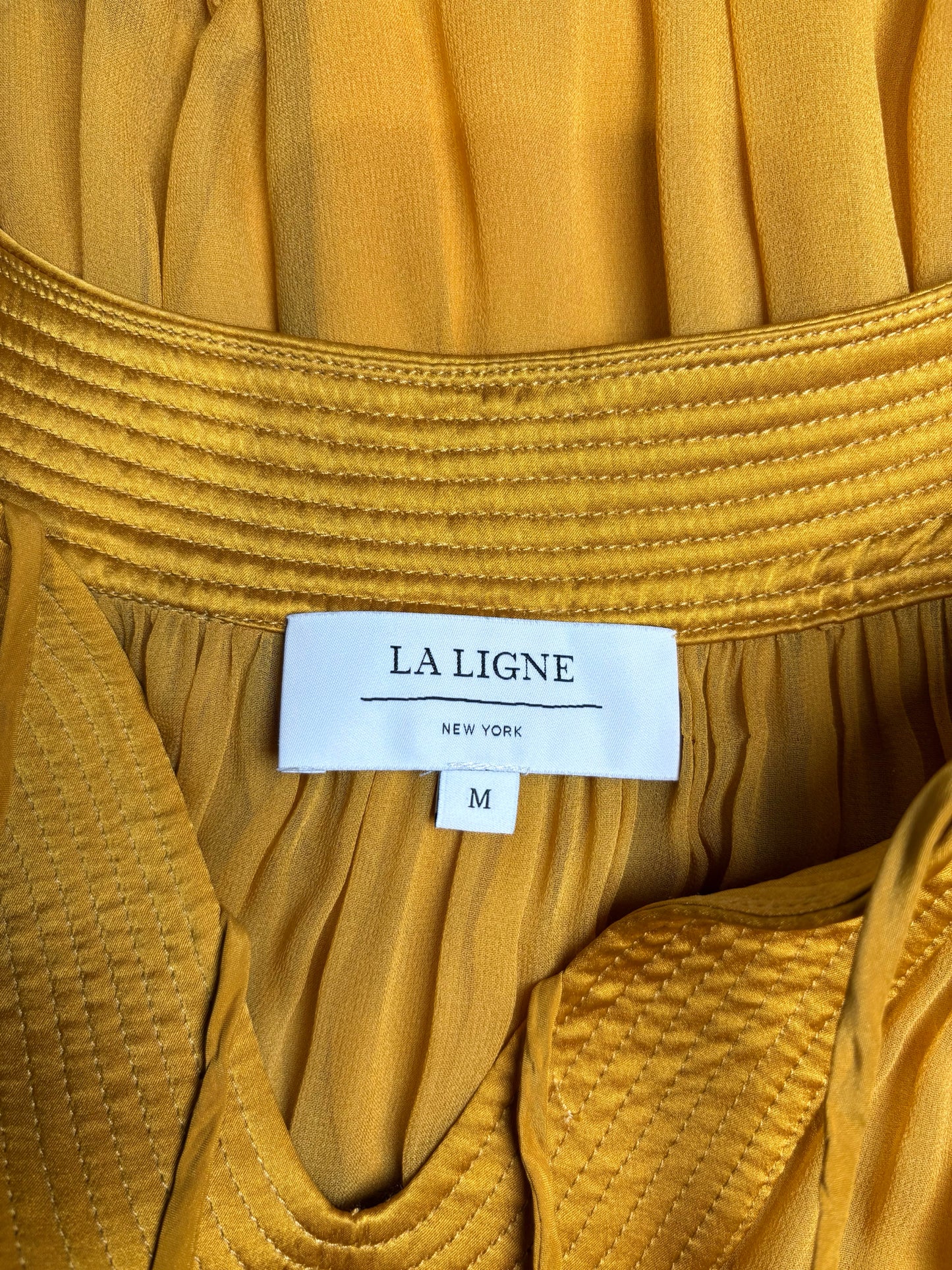 Women's Size M La Ligne New York Mustard Pre-Owned Tiered Midi Dress with Slip