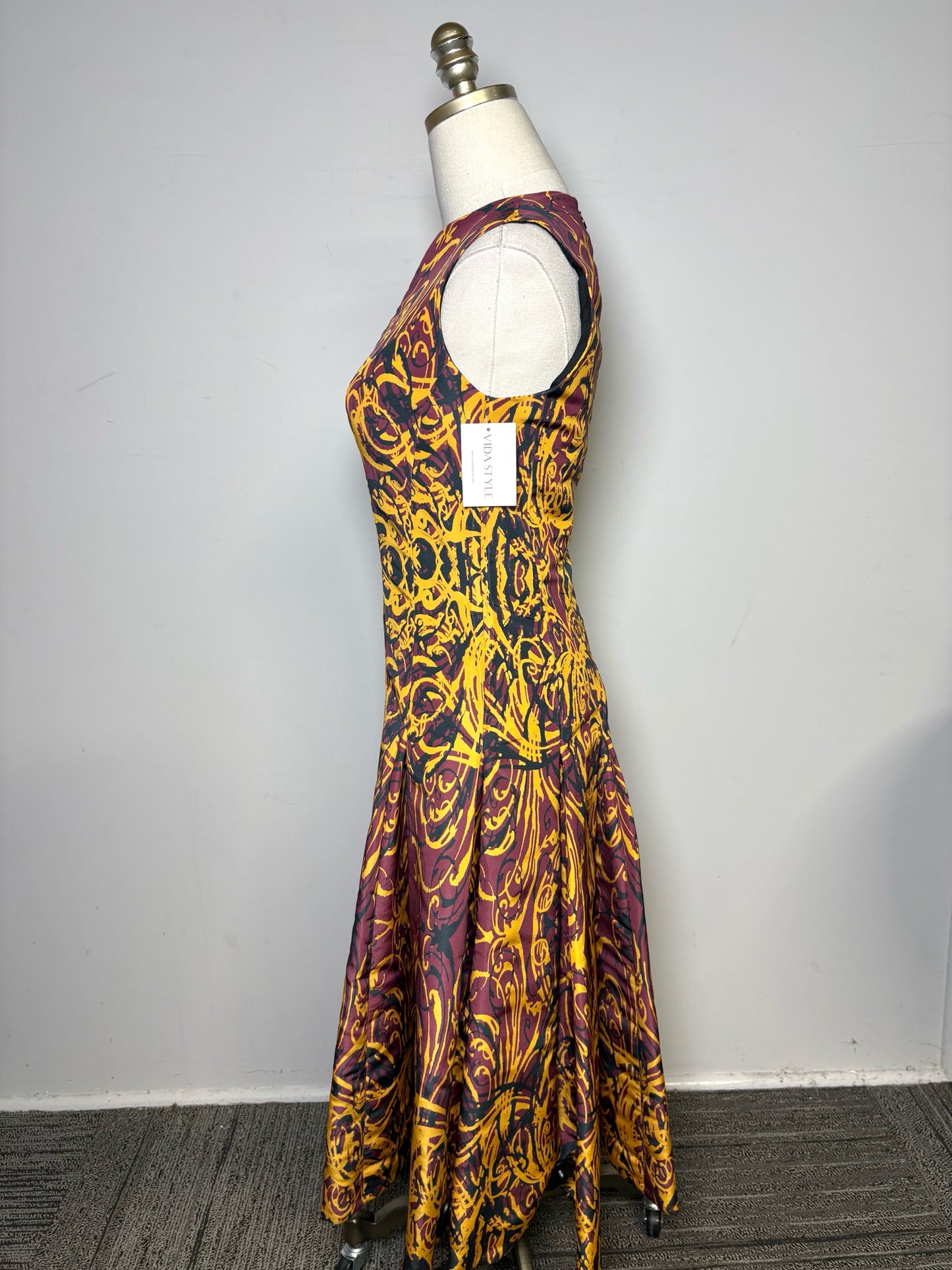 Women Size 4 Wes Gordon Gold, Burgundy, Black Print 100% Silk Pre-owned Dress