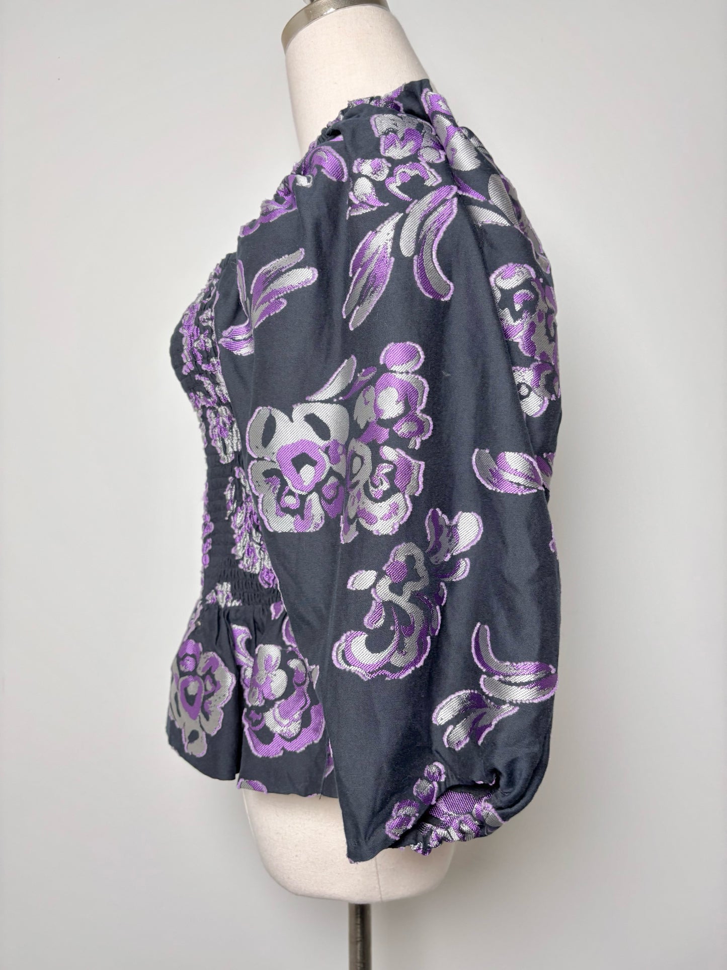 Women Size M Tanya Taylor Purple, Black, Silver Floral Print Emma NWT Blouse