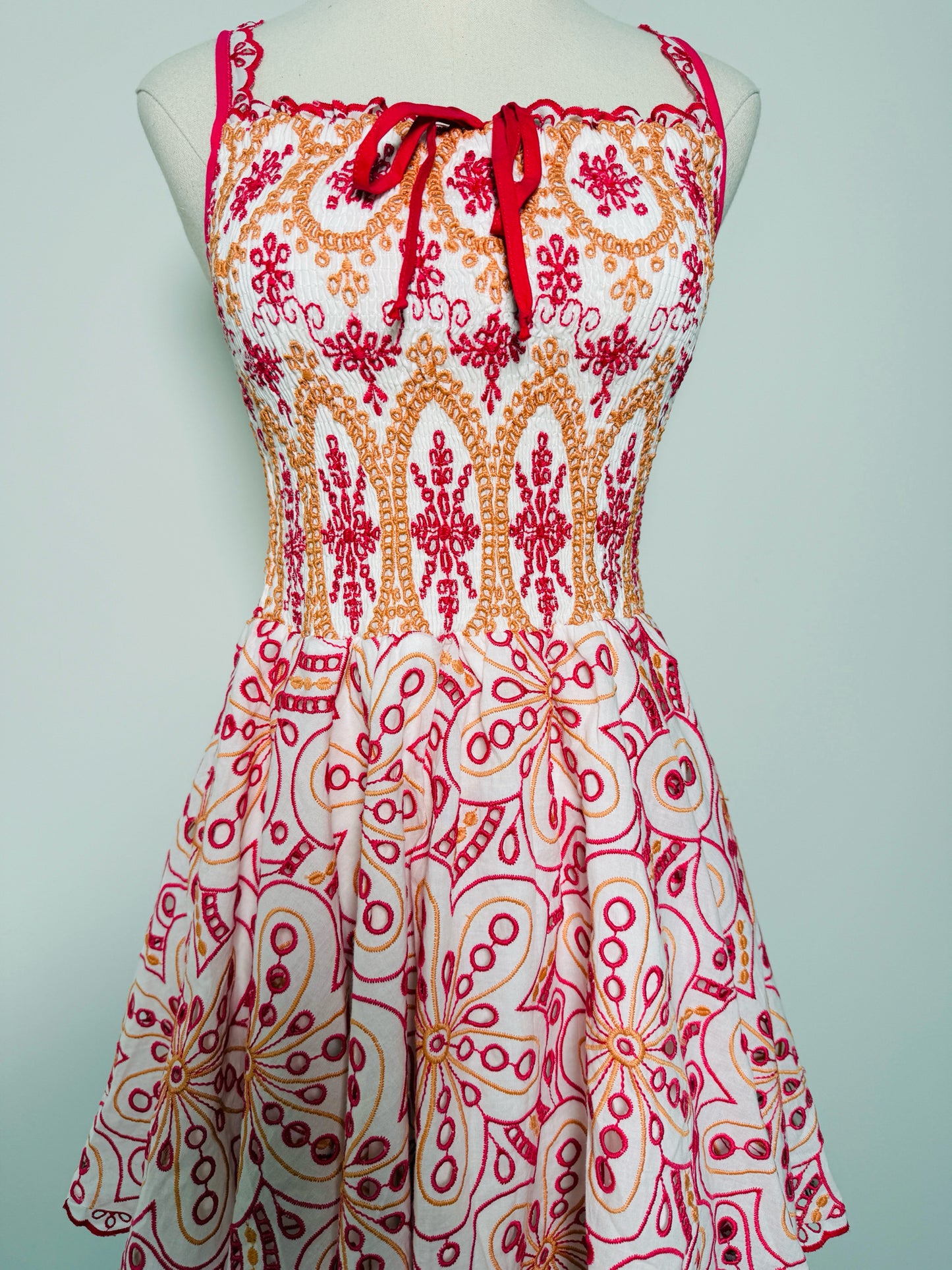 Women Size L Charo Ruiz Ibiza Pink, orange, white Eyelet Cotton Mini Dress