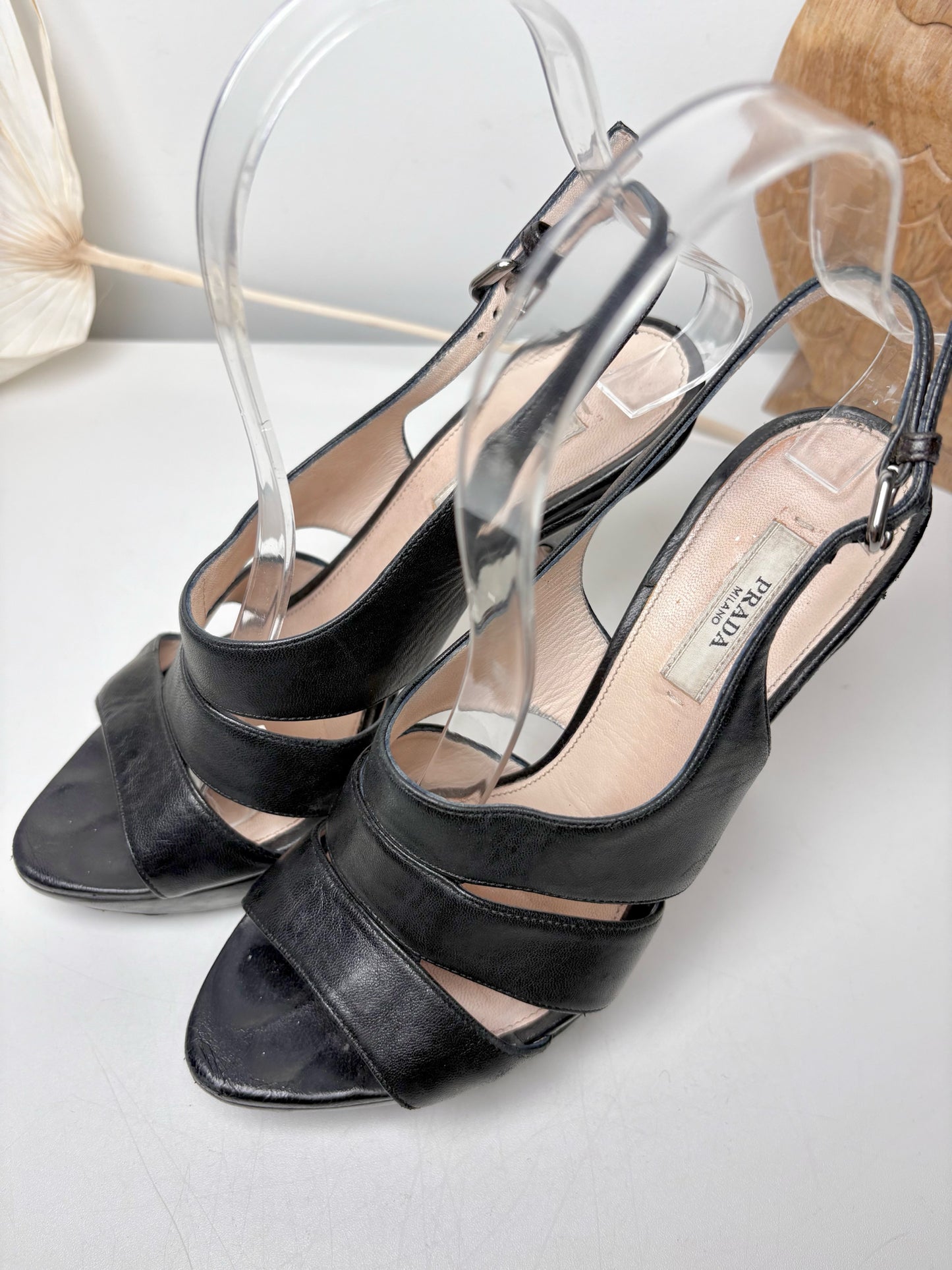 W Shoe Size 36.5 (6.5) Prada Black Leather Cage Heels