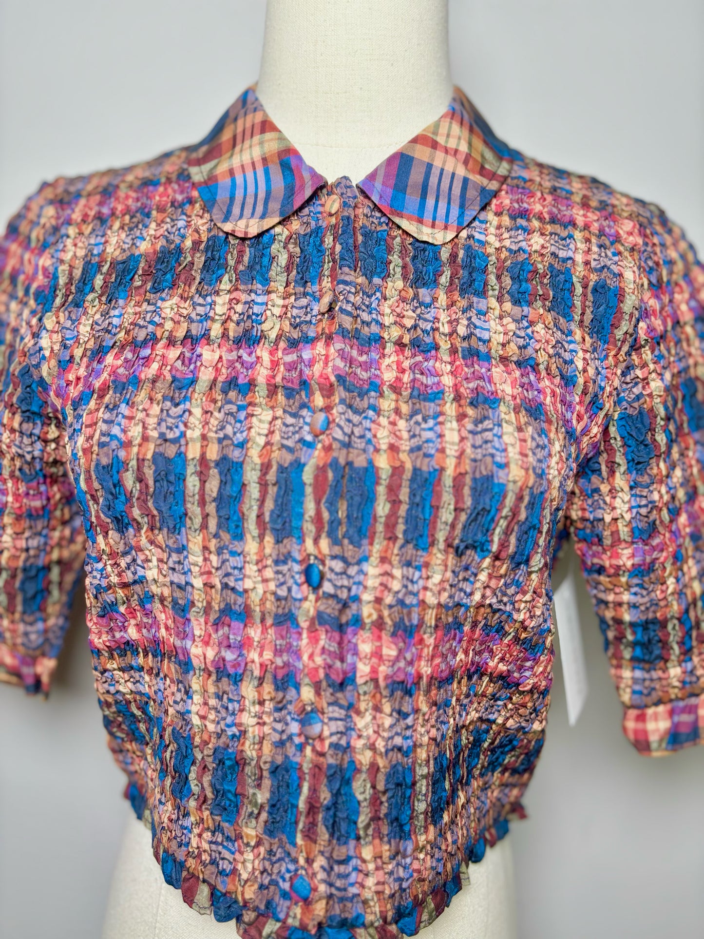 Women Size 8 Ulla Johnson Blue, Burgundy, Purple Plaid Ruched Jules Crop Top