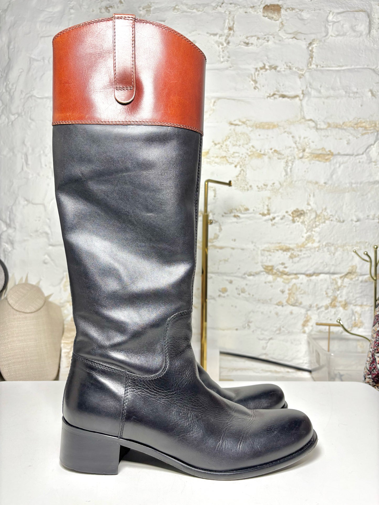 W Shoe Size 37 (6.5) Miu Miu Black, w/Brown Trim Leather Cowhide Boots