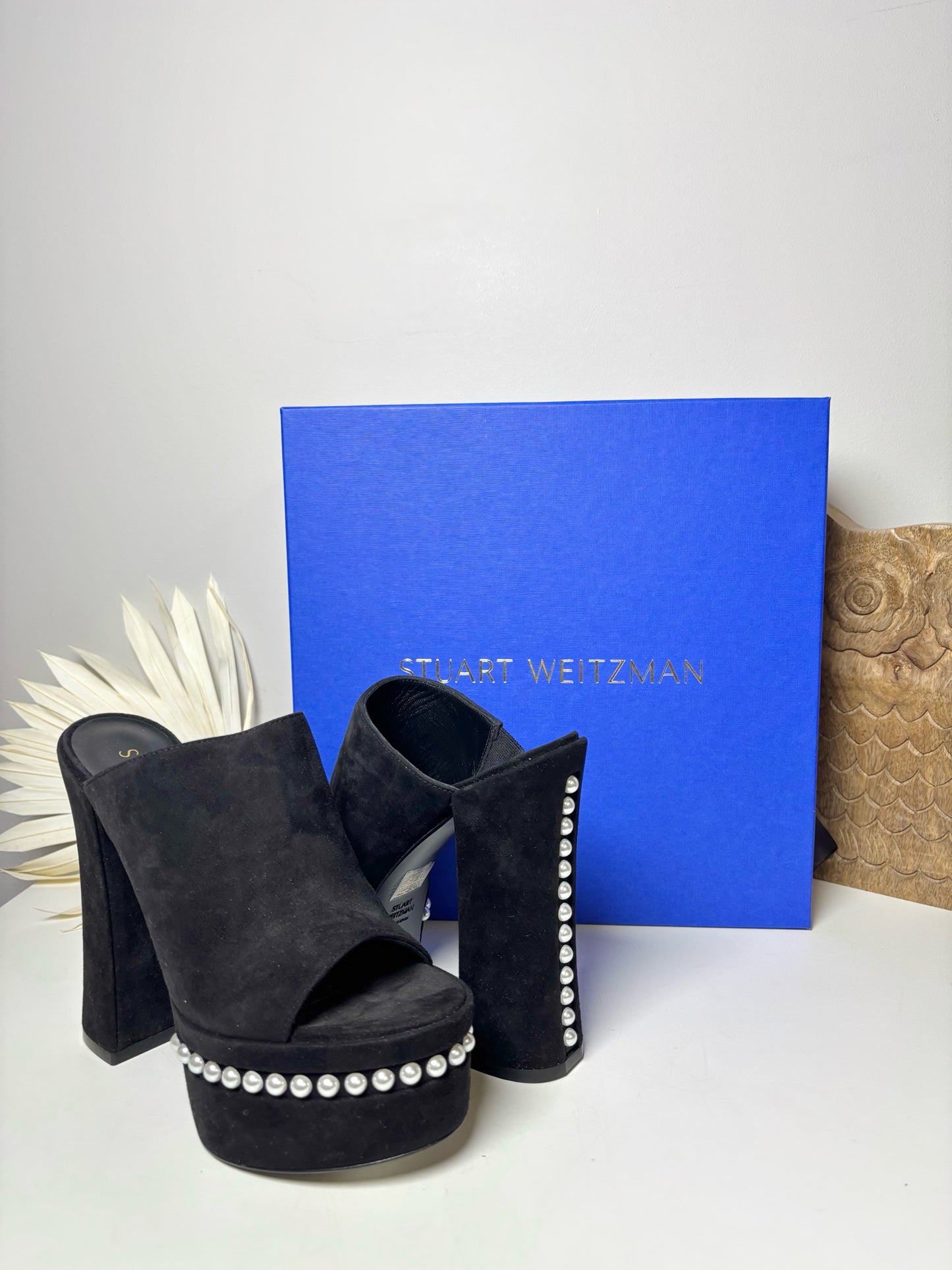 W Shoe Size 7 Stuart Weitzman Black Leather Suede Pearl Platform Slides
