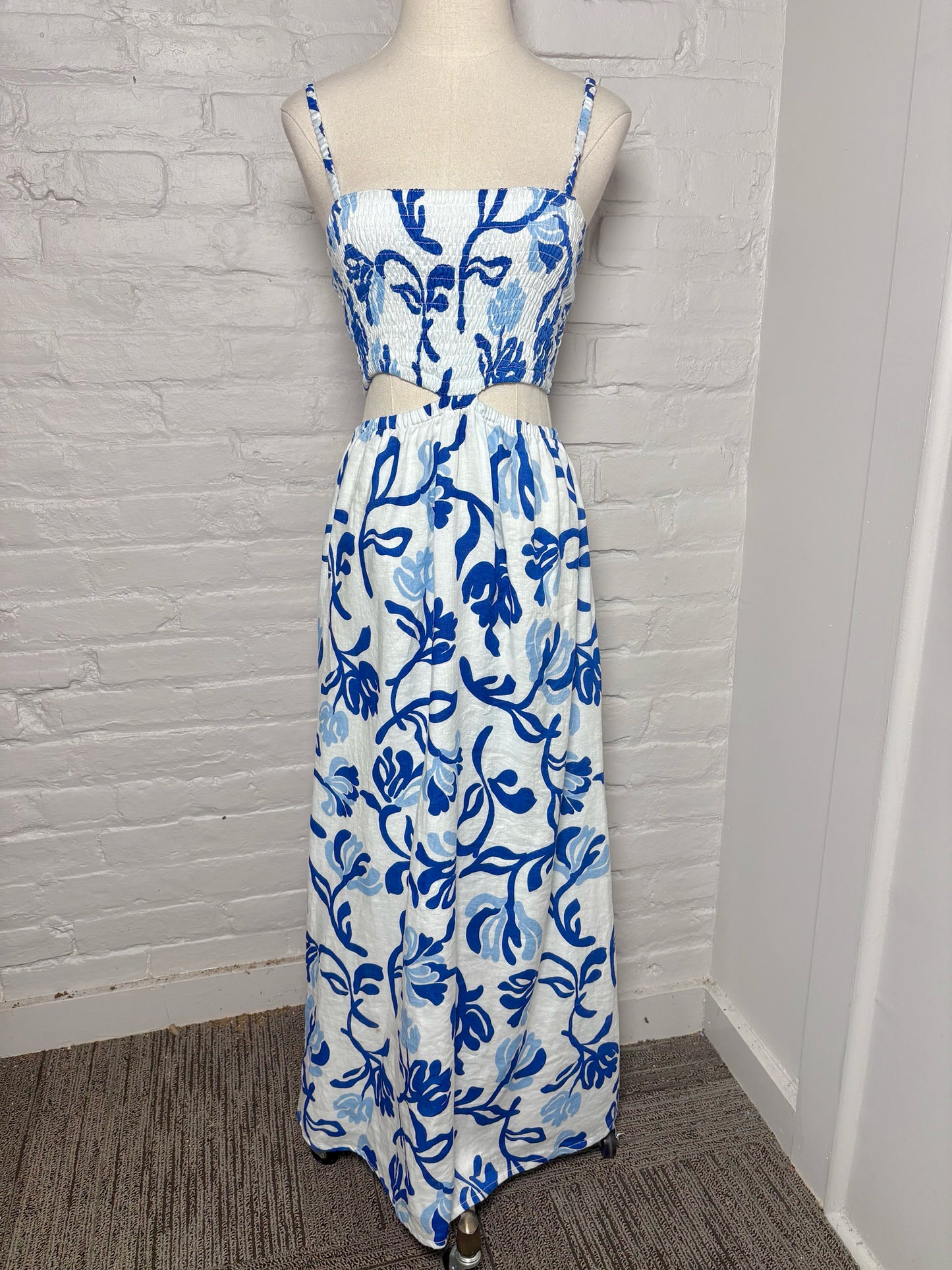 Women Size S Faithfull the Brand White Print Linen Cutout Dress