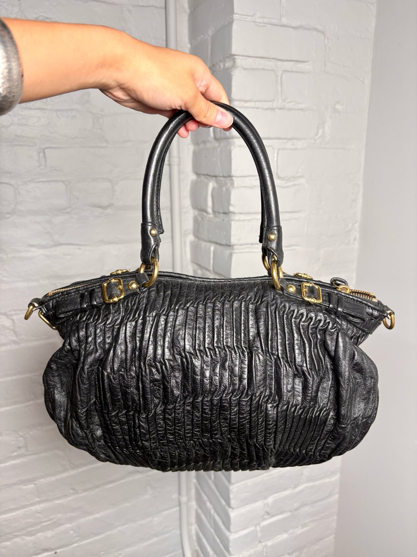 Coach Pleated Vintage Leather Black Handle#18620 Purse