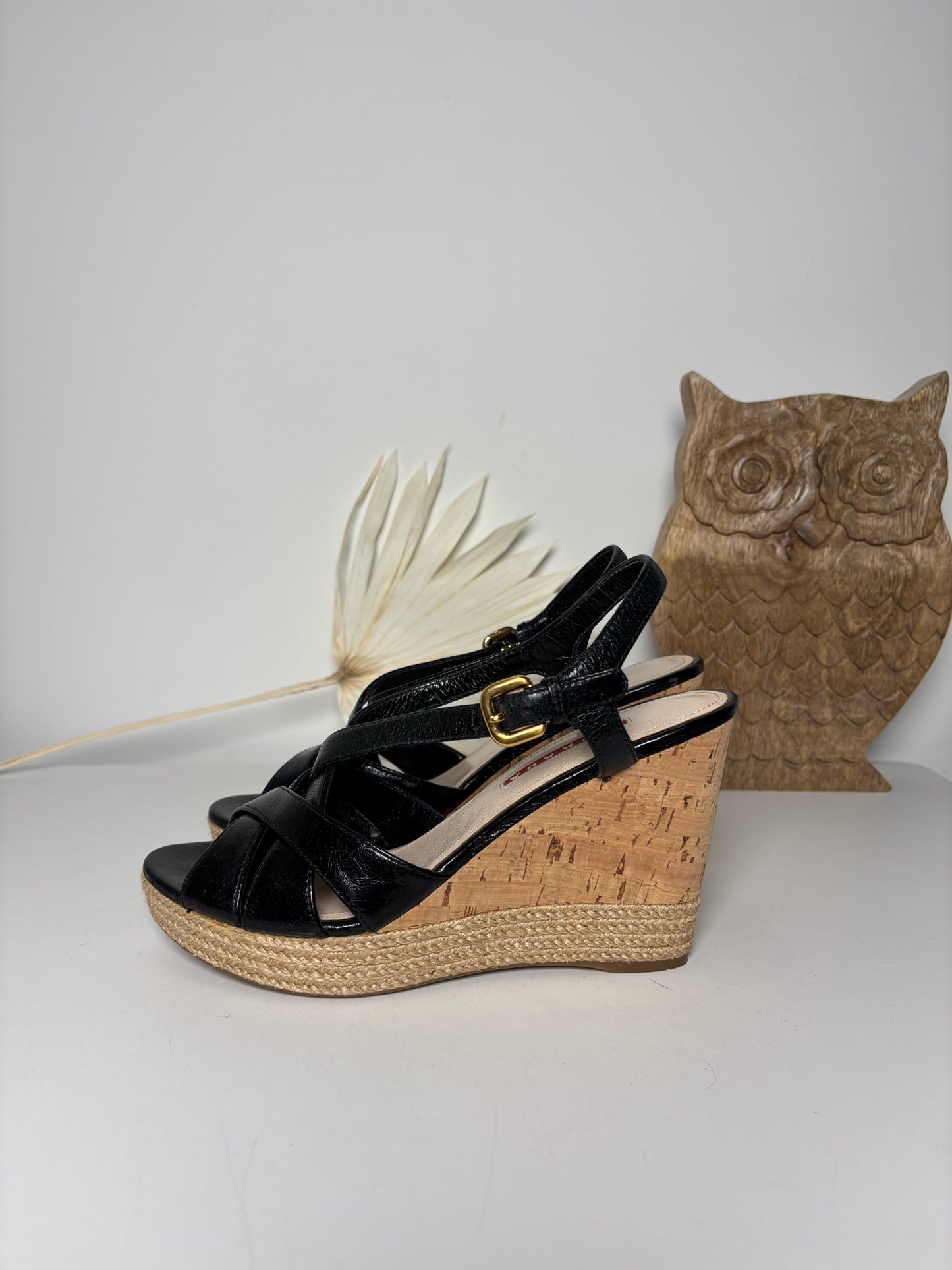 W Shoe Size 38.5 Prada Black Leather & Wicker Pre-owned Wedges