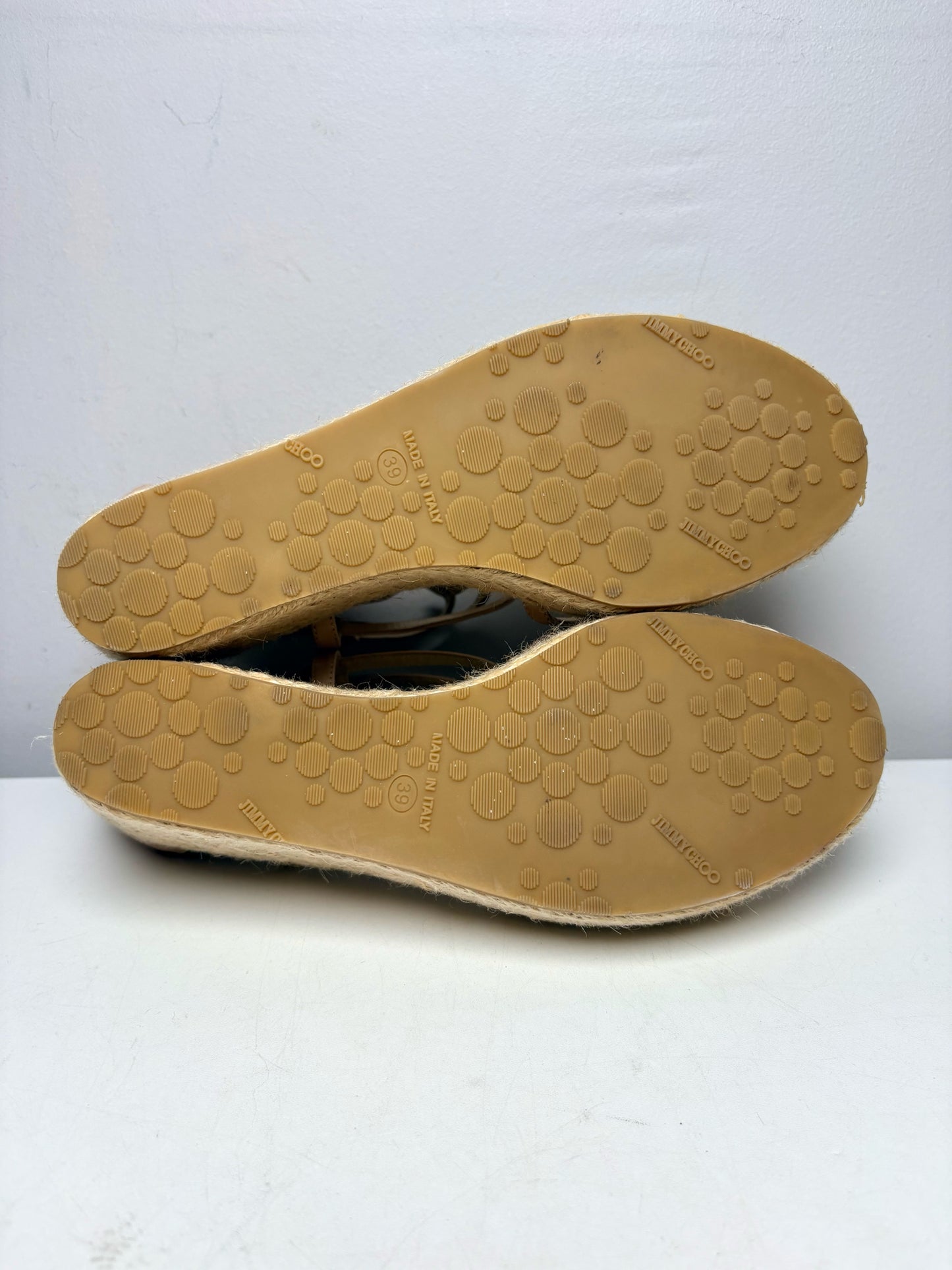 Women's Shoe Size 39 Jimmy Choo Pulse Cage Beige Leather Rare Pre-Owned Espadrille Wedge Sandals