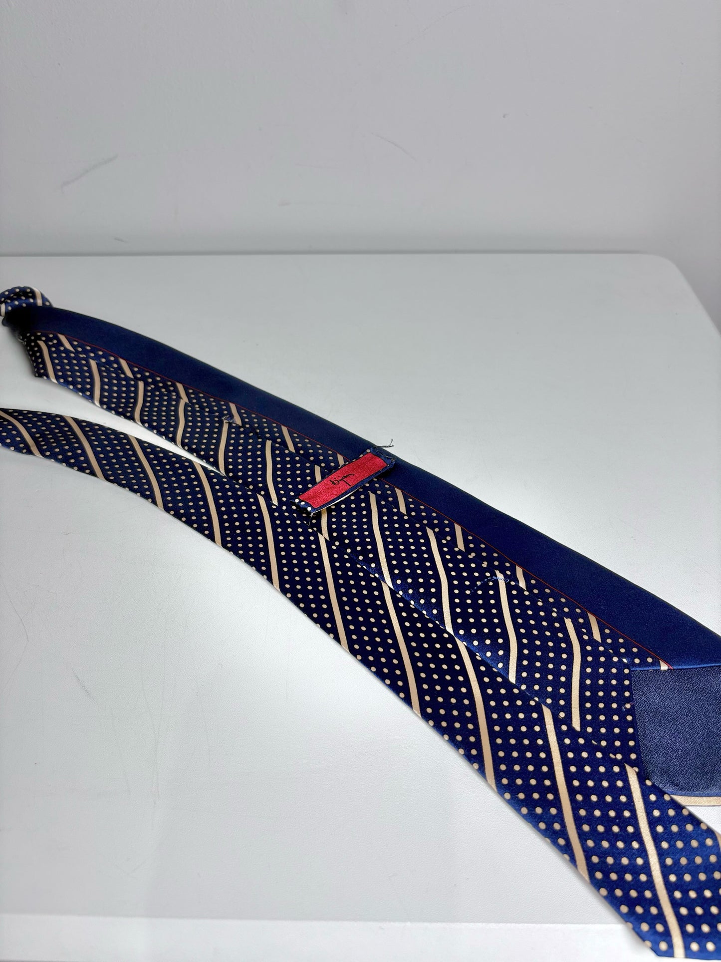 Bijan Navy Blue, Gold 100% Silk Dots, Diagonal Stripes Men's Pre-owned Tie