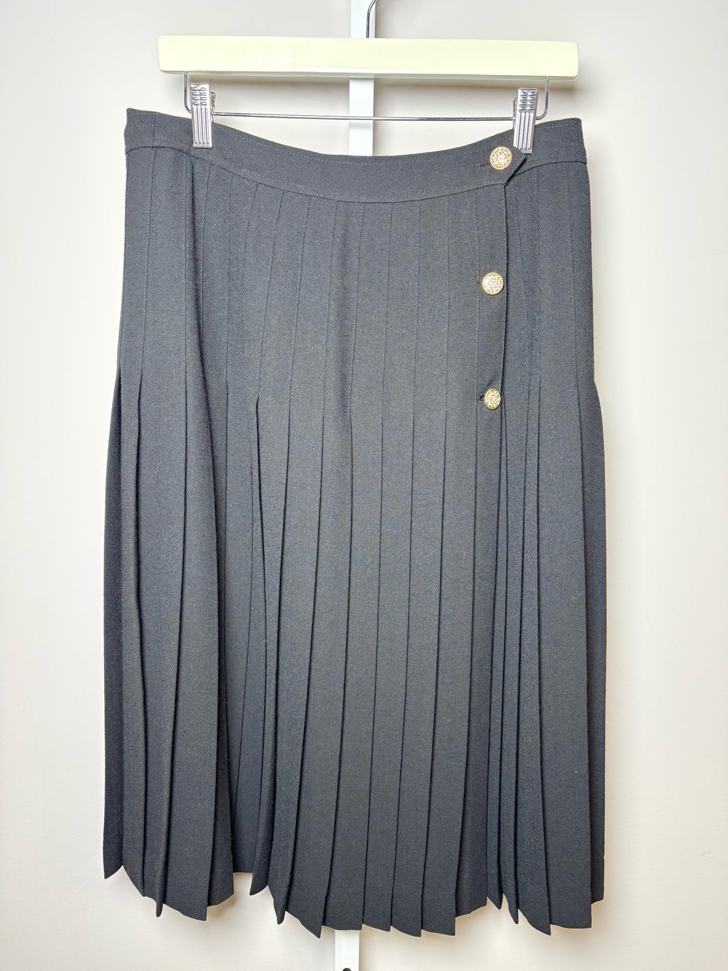 Women Size XXL Celine Black Solid Wool Pleated Midi Vintage Skirt