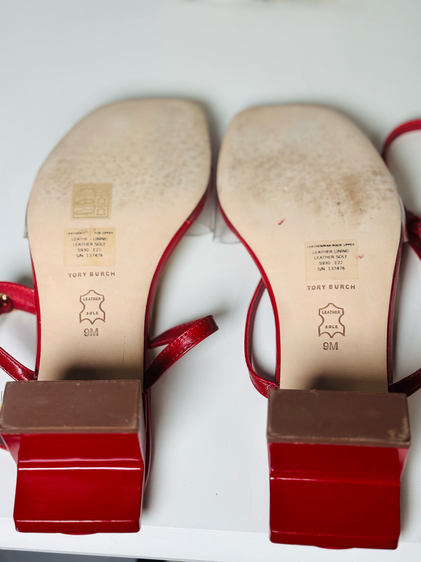 W Shoe Size 9 Tory Burch Red Leather, PVC Cowhide T-Heels Sandals