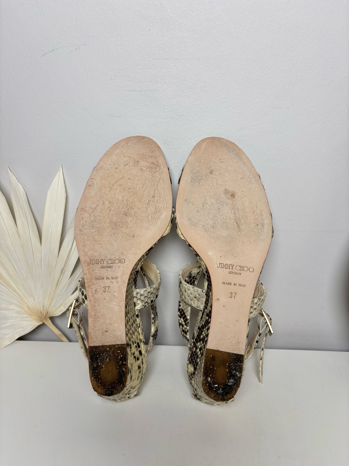 W Shoe Size 37 Jimmy Choo Brown, Cream Leather Snakeprint Sandals