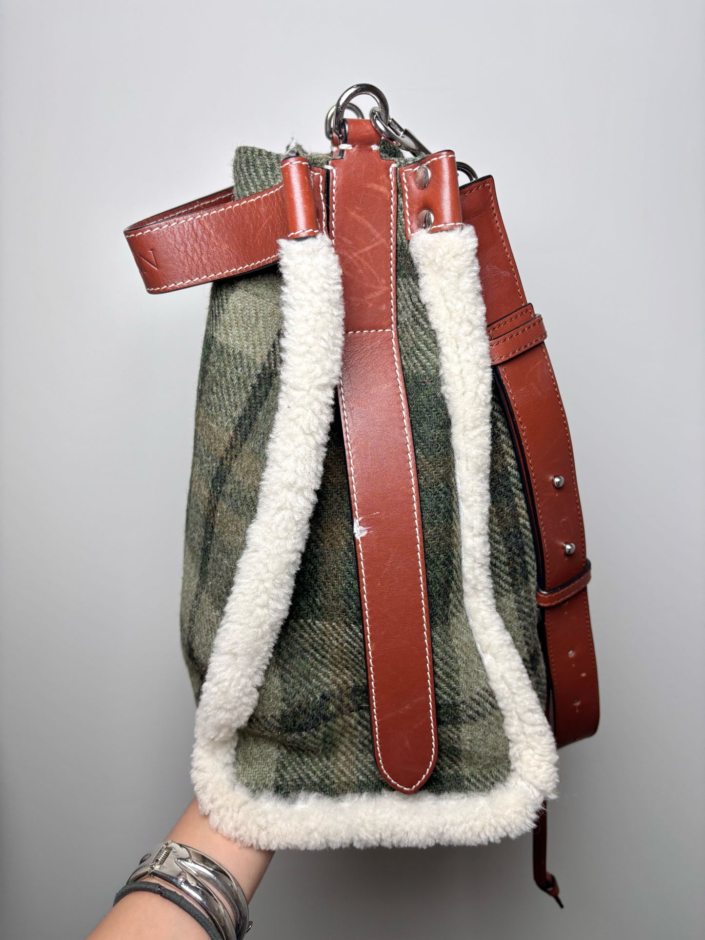 JW Anderson Plaid Wool Green Leather Bucket Purse