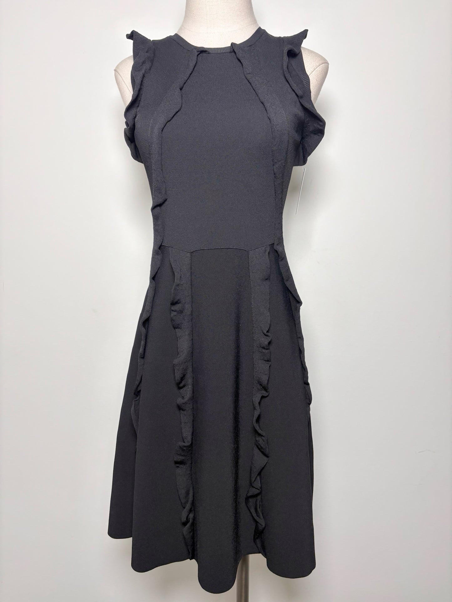 Women Size S Valentino Spa Black, Stretch Knit, Ruffles Sleeves Midi Dress
