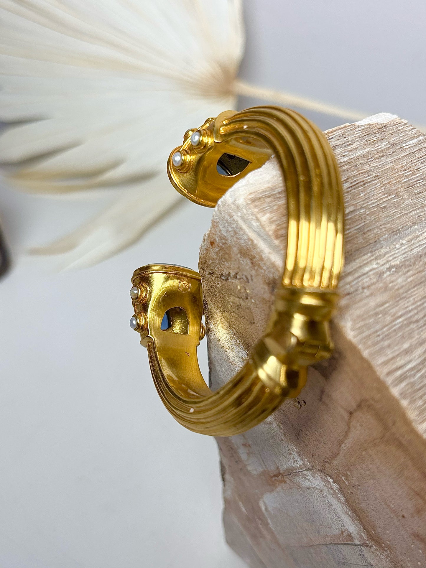 Gold Julie Vos 24K plated Cuff Blue Stone, Pearl Bracelet