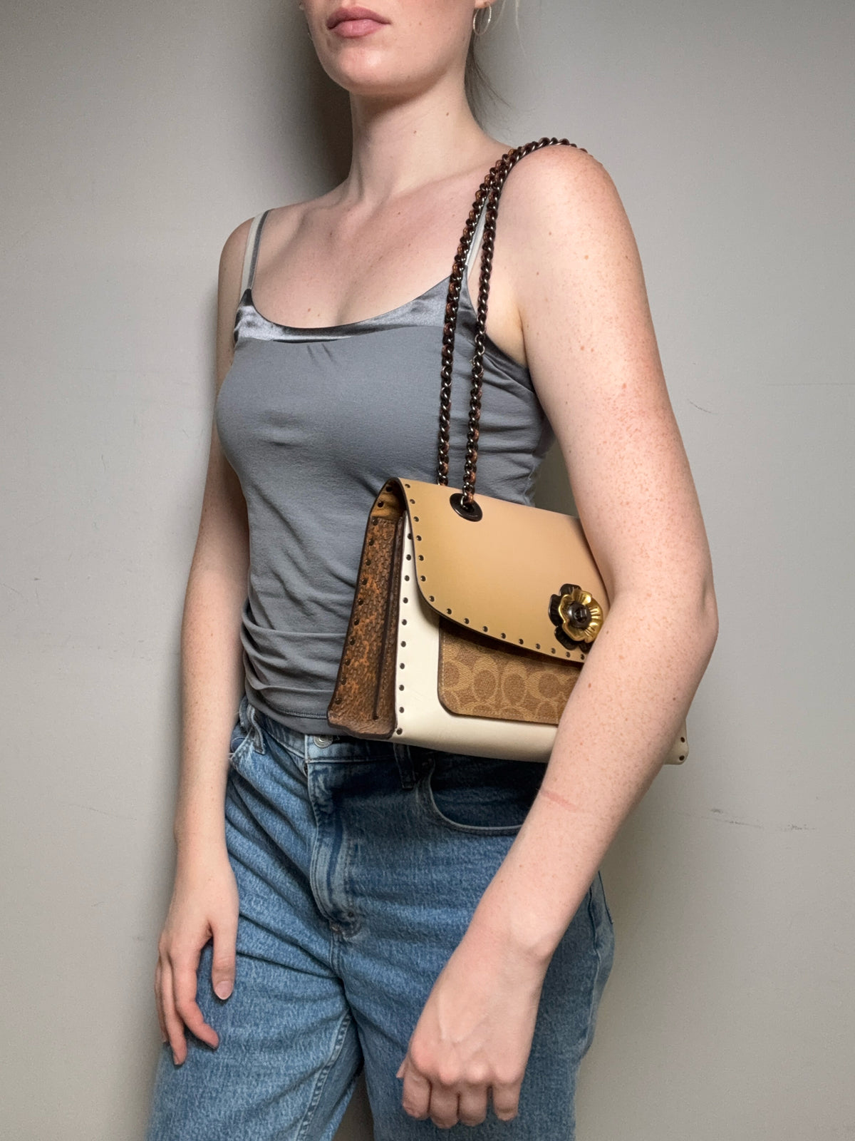 Women's Coach Parker Rivets Snakeskin Print Monogram Leather Pre-Owned Shoulder Bag