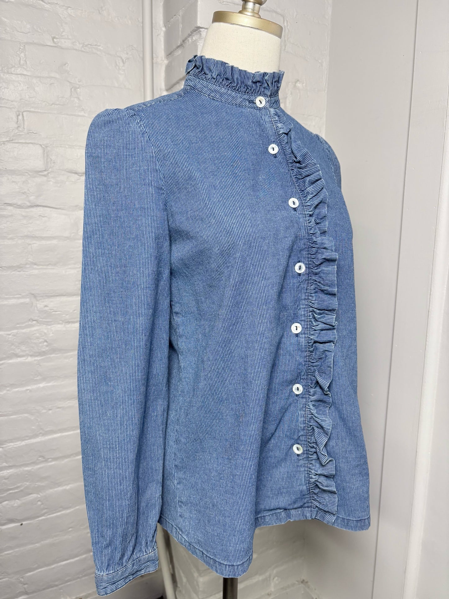 Women Size 34 (2) A.P.C Rue Madame Blue Pinstripe Cotton Ruffle Trim Shirt