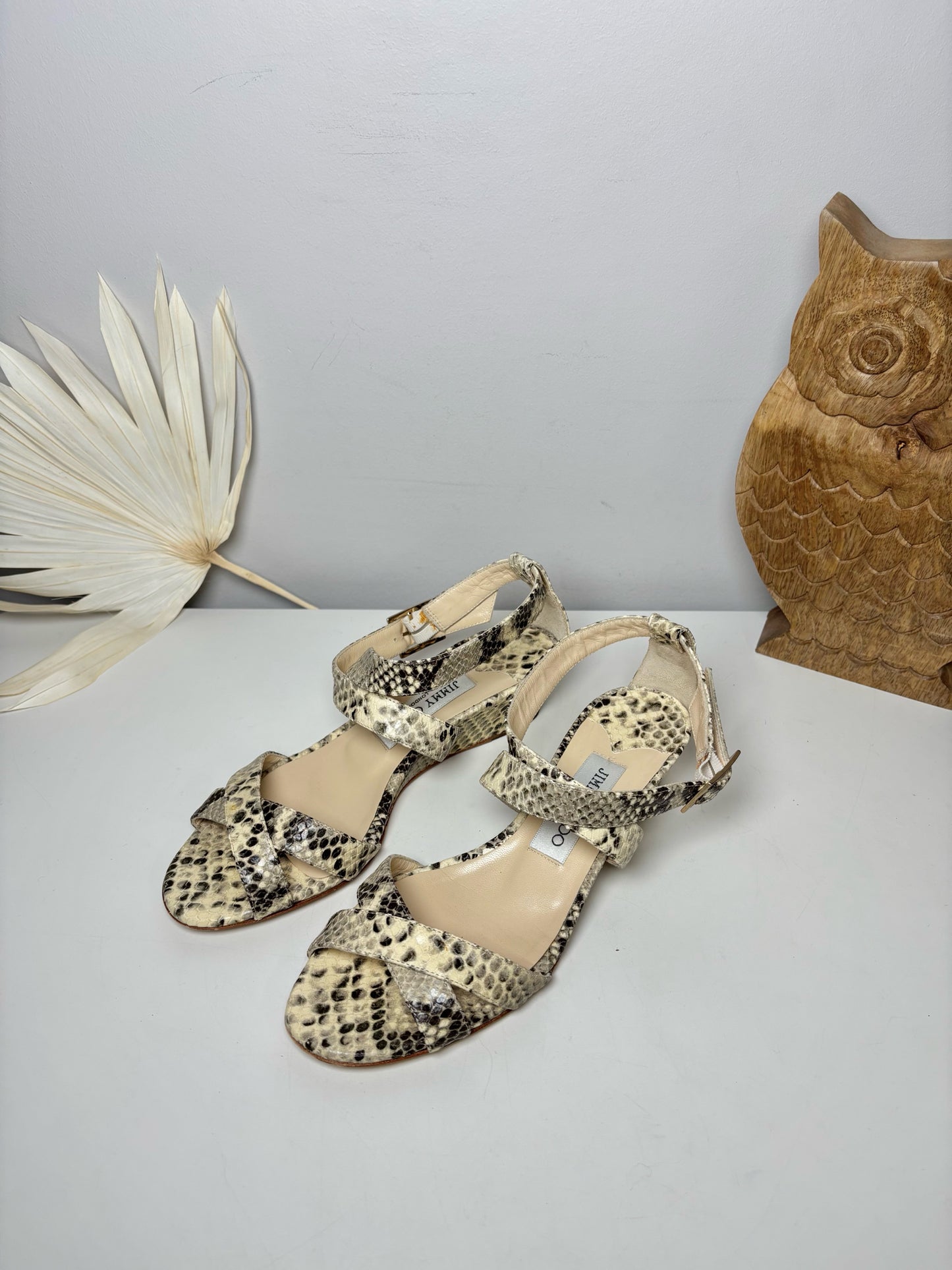 W Shoe Size 37 Jimmy Choo Brown, Cream Leather Snakeprint Sandals