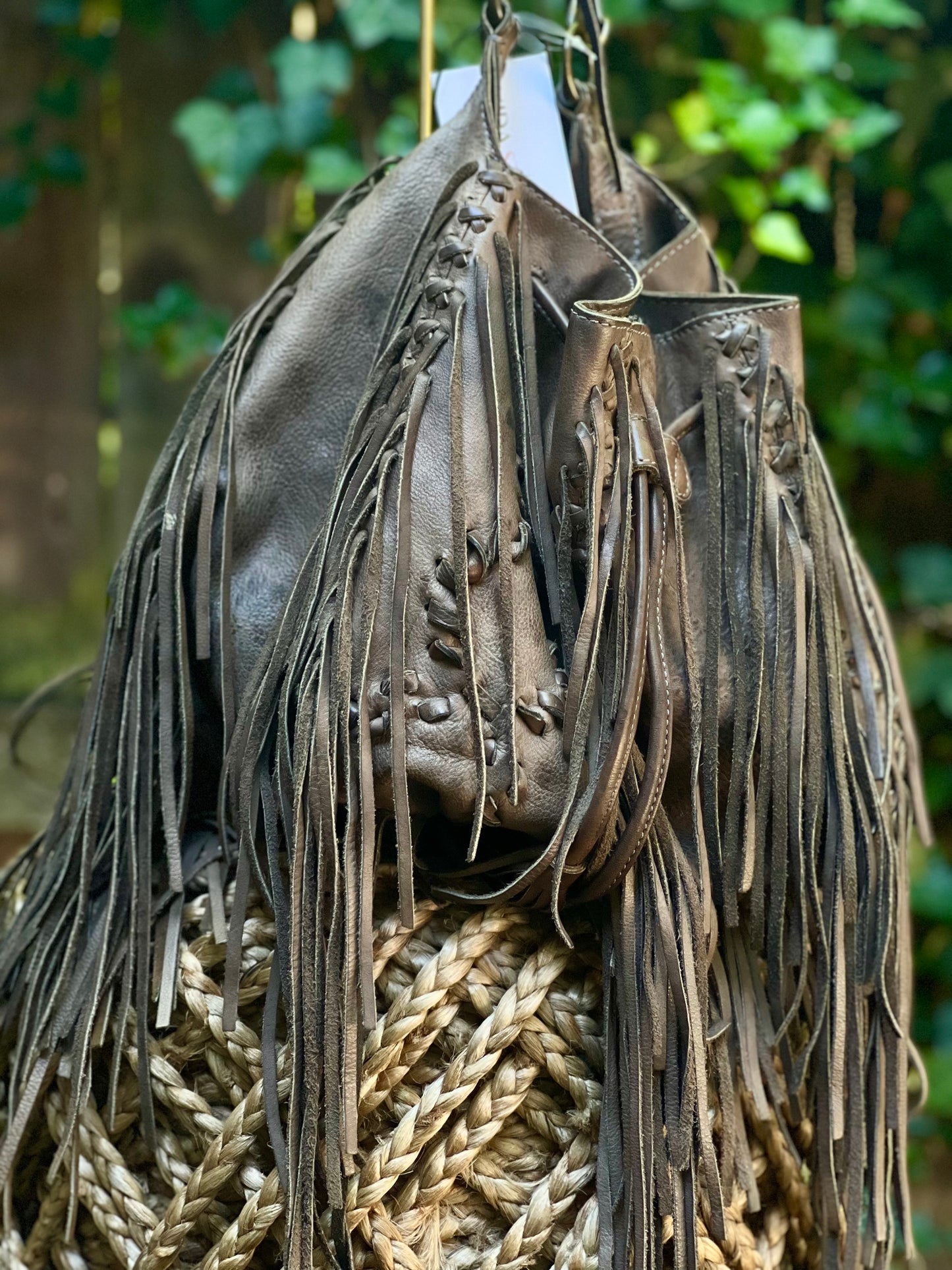 AllSaints Gray Leather Fringed Shoulder Bucket Bag