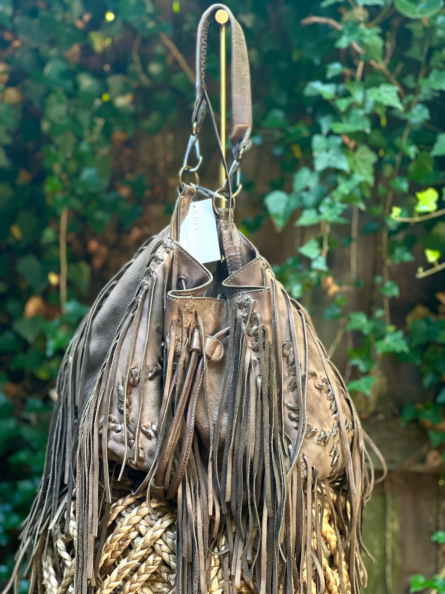 AllSaints Gray Leather Fringed Shoulder Bucket Bag