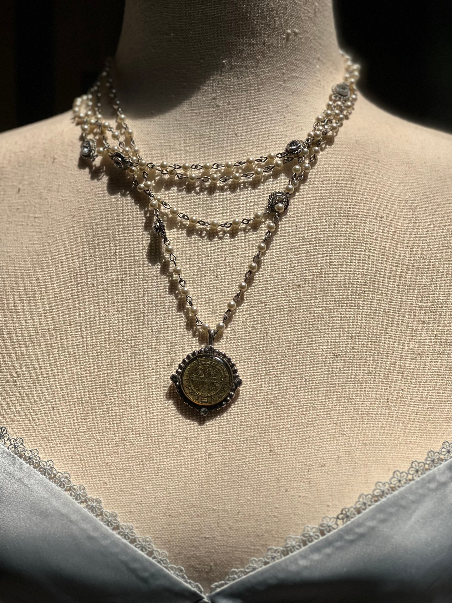 Virgins Saints & Angels Pearls Sterling Silver Medallion Necklace