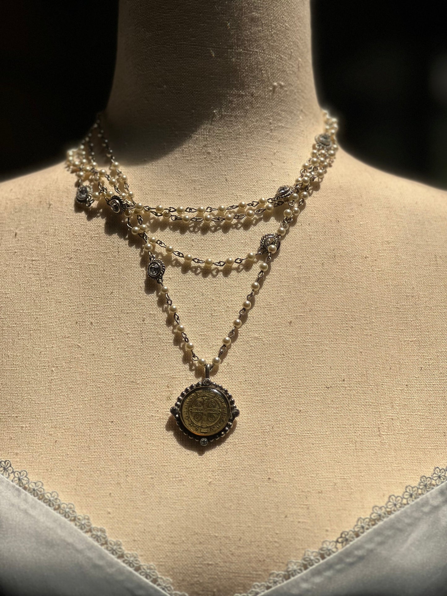 Virgins Saints & Angels Pearls Sterling Silver Medallion Necklace