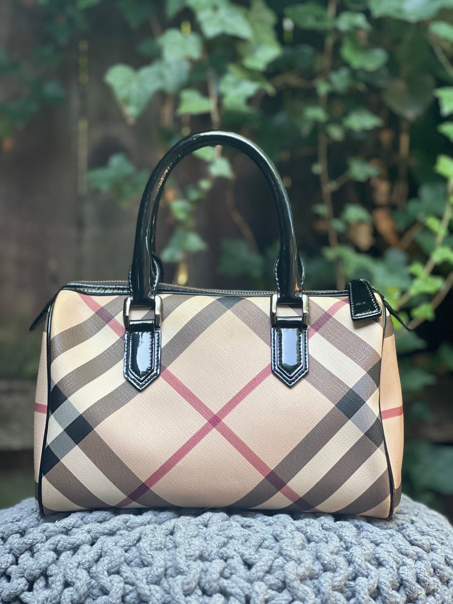 Burberry Nova Tan Black Red Plaid w/ Black Patent Leather Vintage