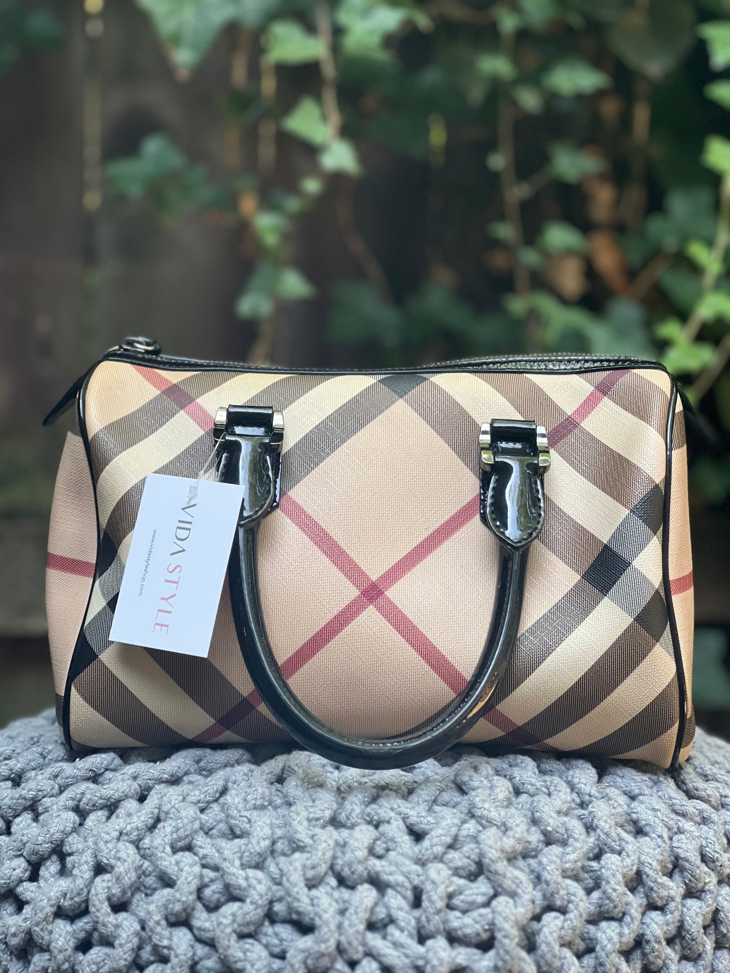 Burberry Nova Tan Black Red Plaid w/ Black Patent Leather Vintage
