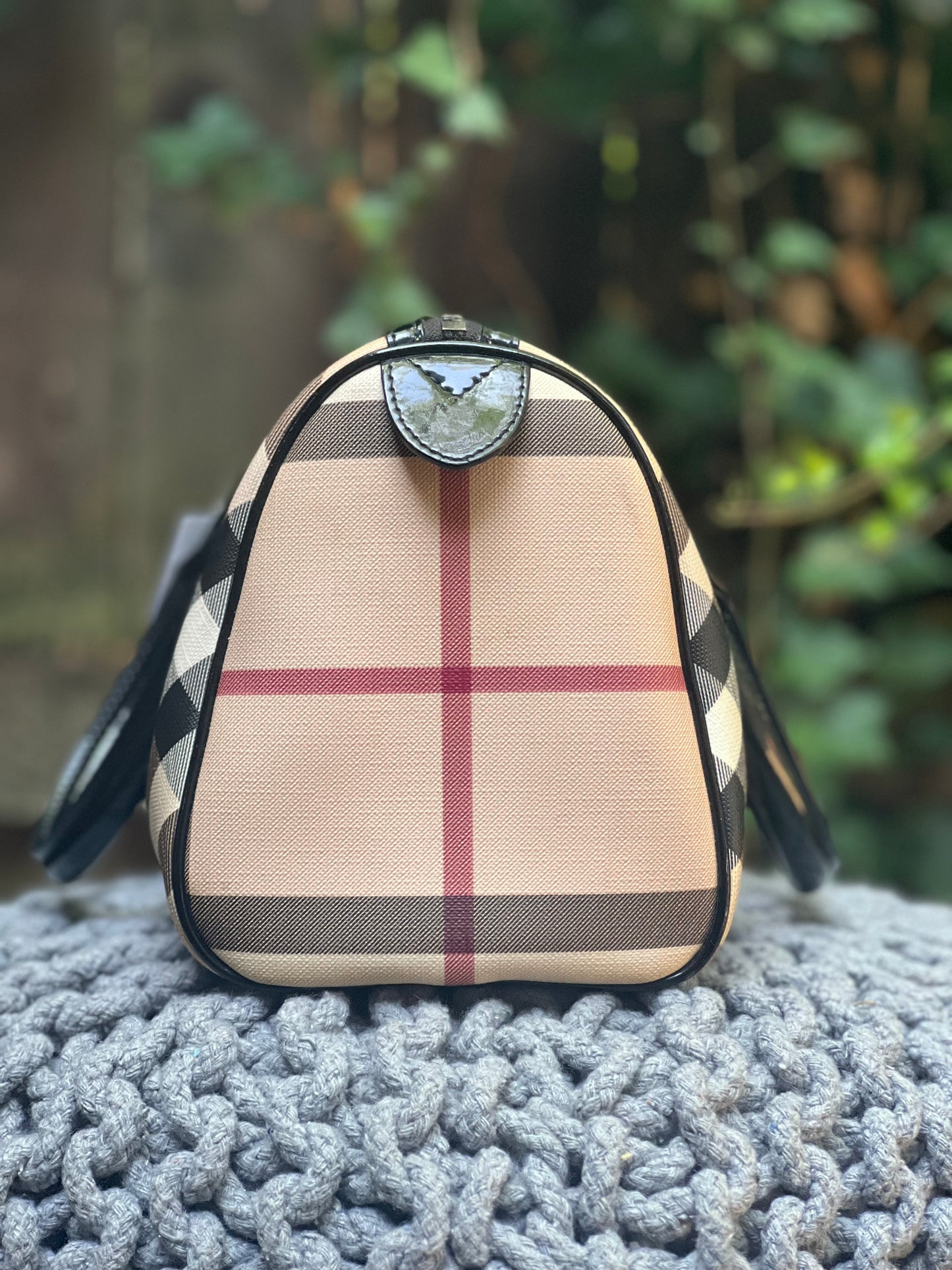 Burberry Nova Tan Black Red Plaid w/ Black Patent Leather Vintage