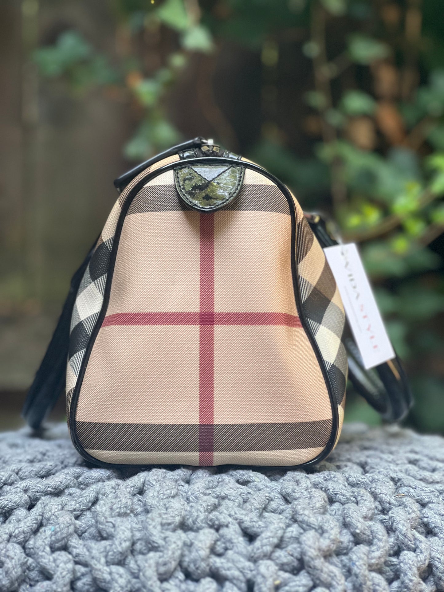 Burberry Nova Tan Black Red Plaid w/ Black Patent Leather Vintage