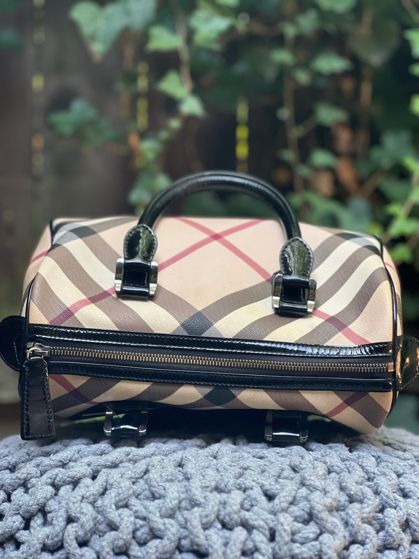 Burberry Nova Tan Black Red Plaid w/ Black Patent Leather Vintage