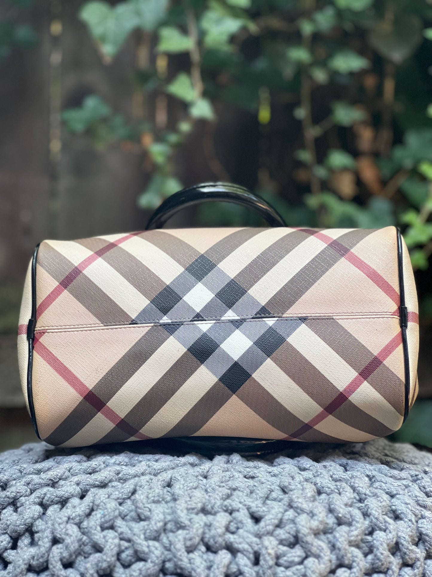 Burberry Nova Tan Black Red Plaid w/ Black Patent Leather Vintage