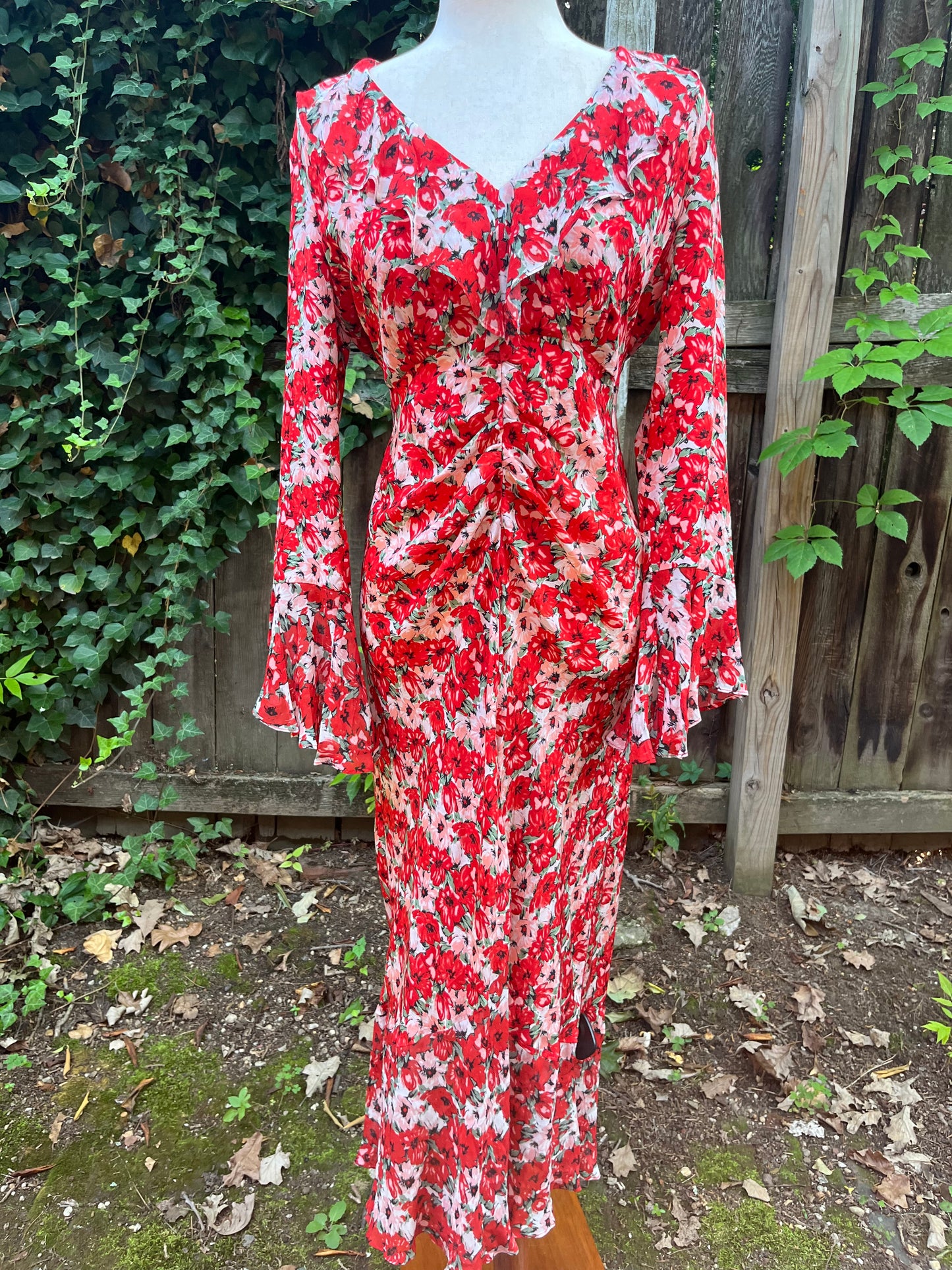 Rixo Red Floral Print Ruffle Maxi Dress Sz Medium