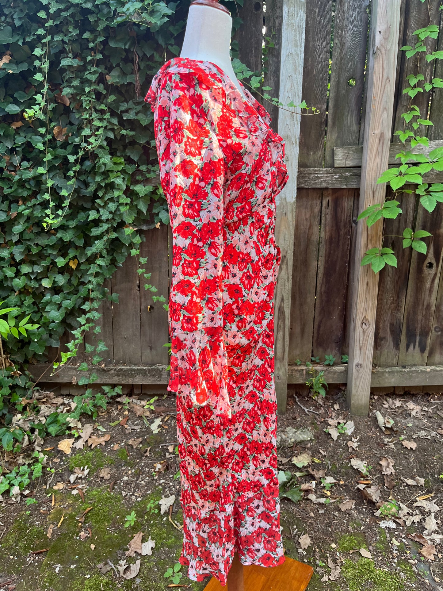 Rixo Red Floral Print Ruffle Maxi Dress Sz Medium